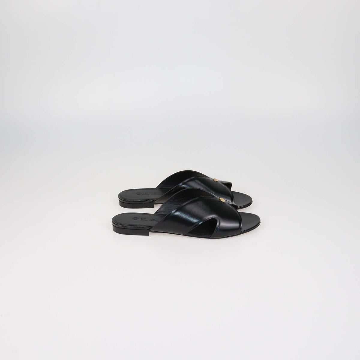 Loro Piana Black Glazed Leather Vera Flat Sandals