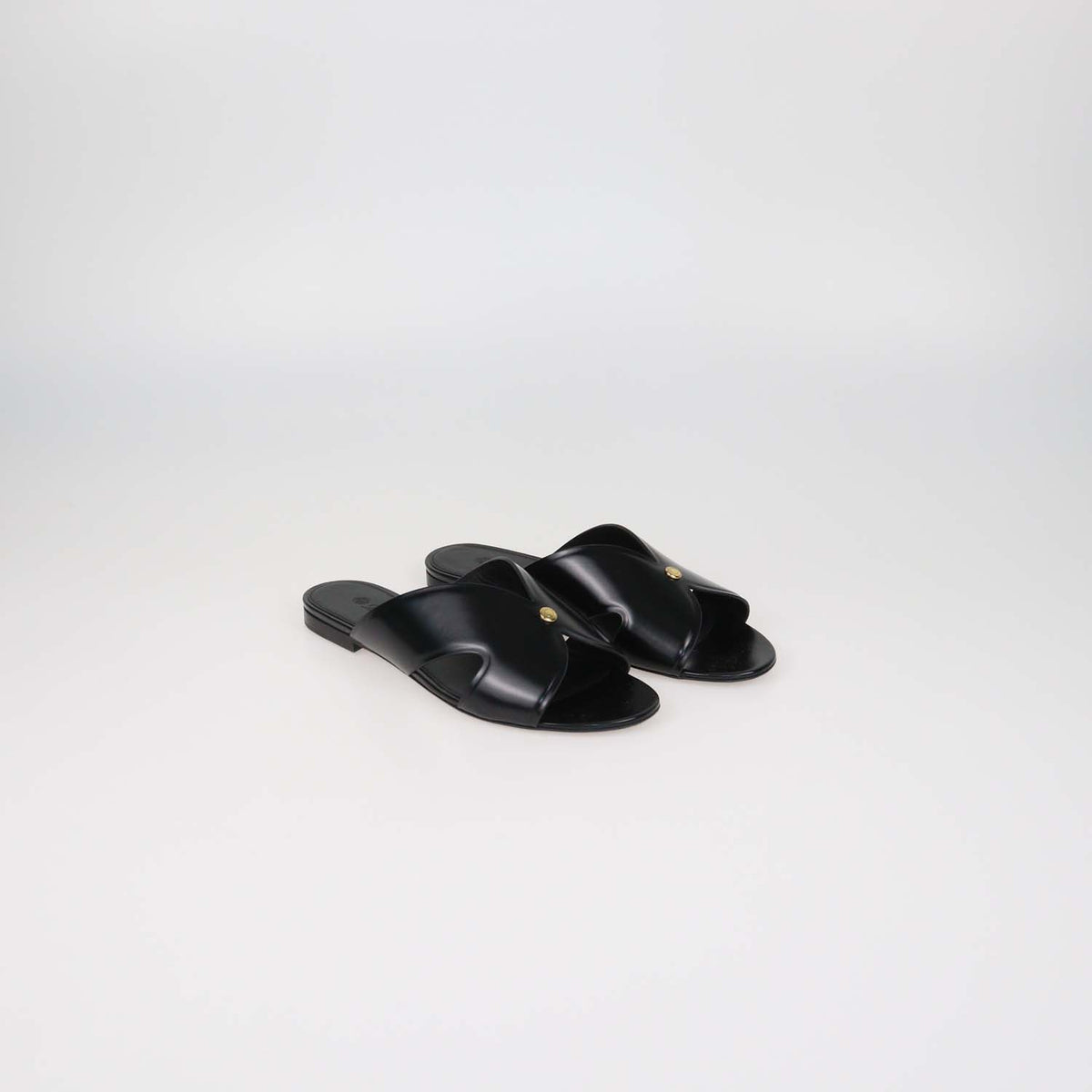 Loro Piana Black Glazed Leather Vera Flat Sandals