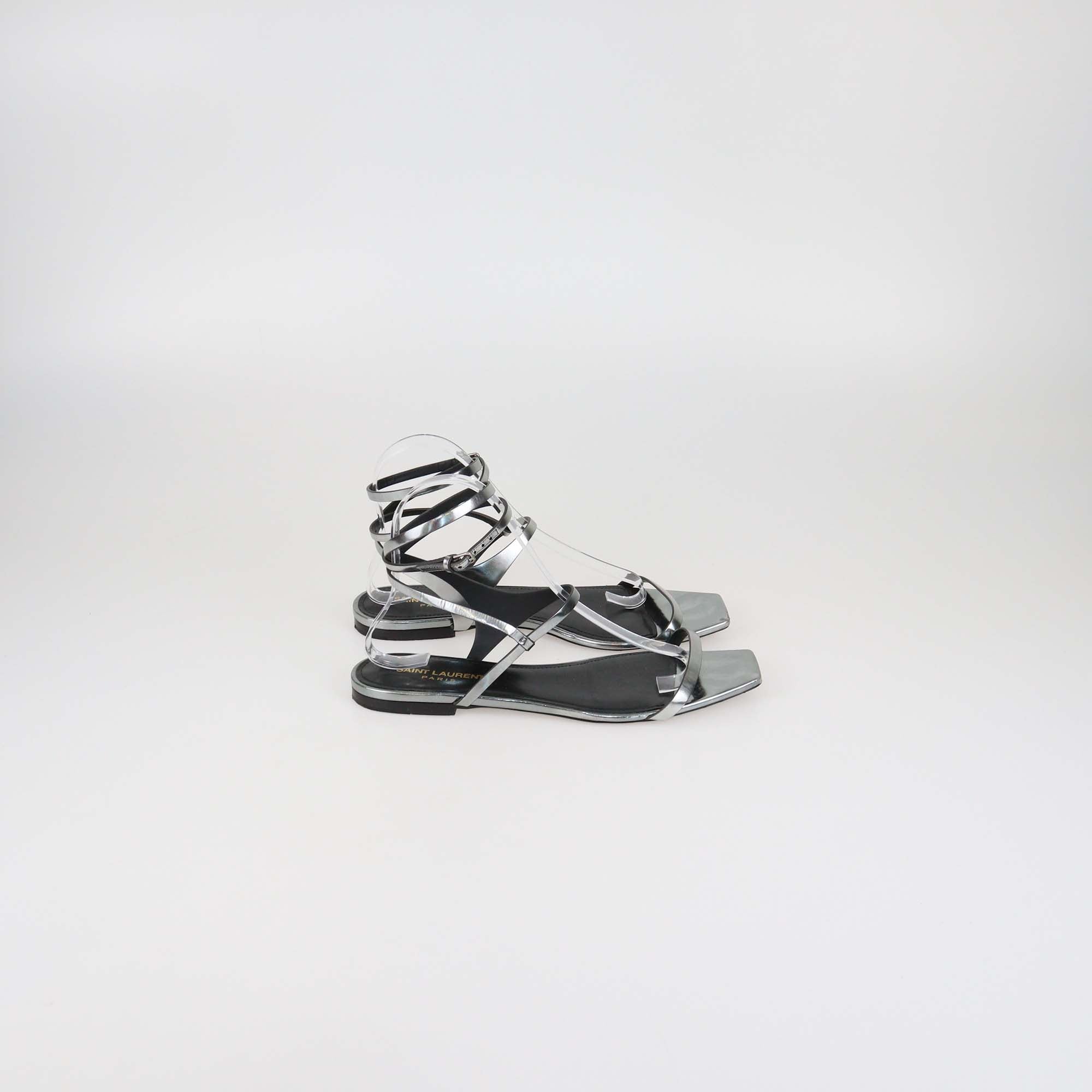 Saint Laurent Metallic Leather Strappy Ankle Wrap Flat Sandals