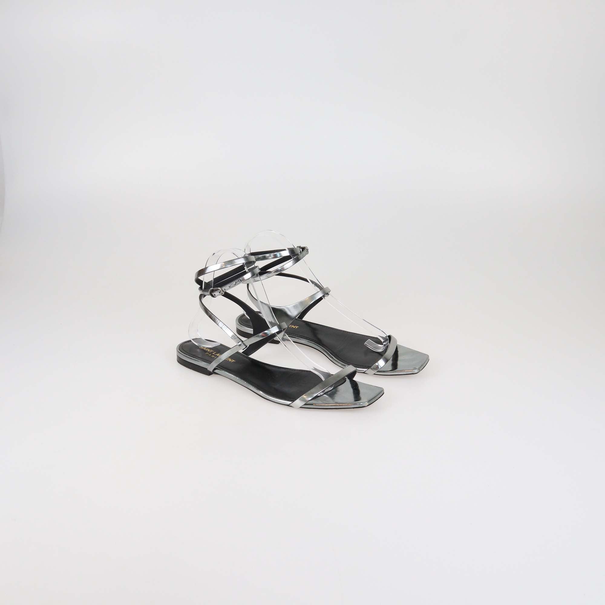 Saint Laurent Metallic Leather Strappy Ankle Wrap Flat Sandals