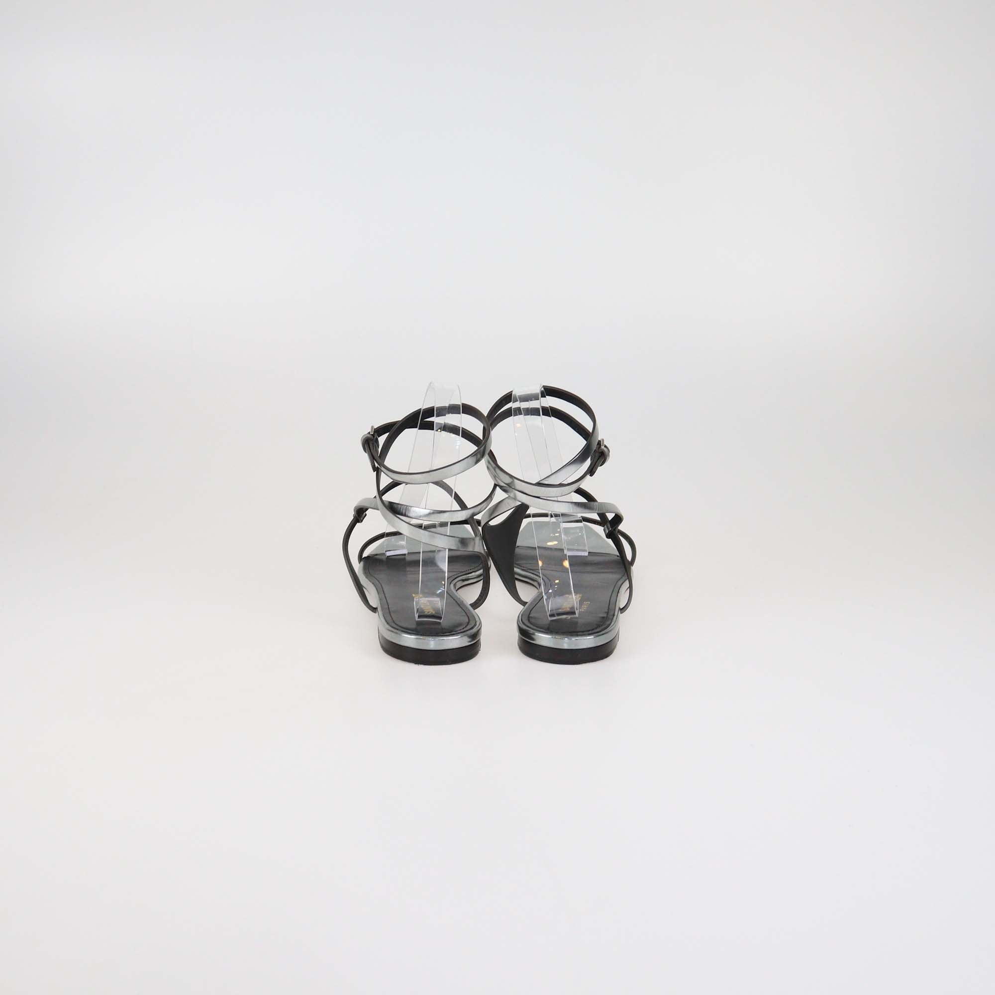 Saint Laurent Metallic Leather Strappy Ankle Wrap Flat Sandals