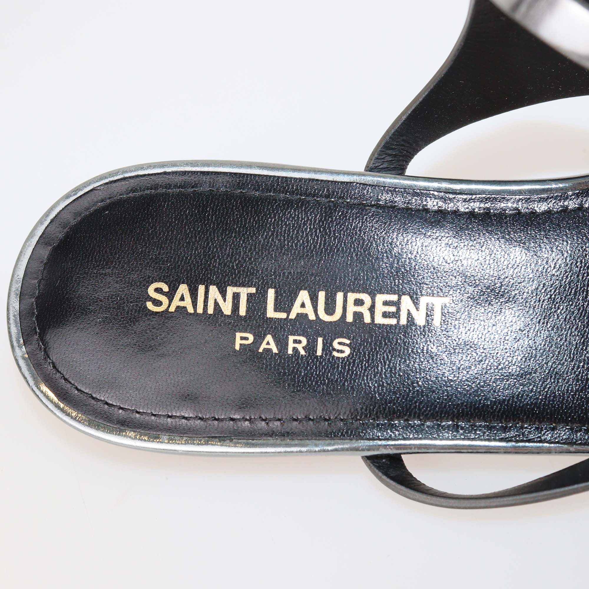 Saint Laurent Metallic Leather Strappy Ankle Wrap Flat Sandals