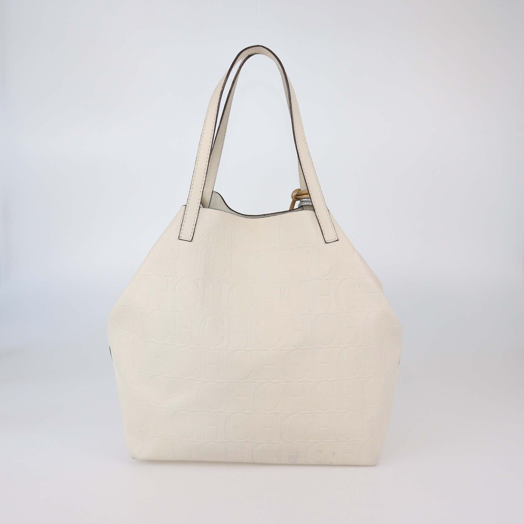 CH Carolina Herrera White Leather Monogram Matryoshka Shopper Tote Bag
