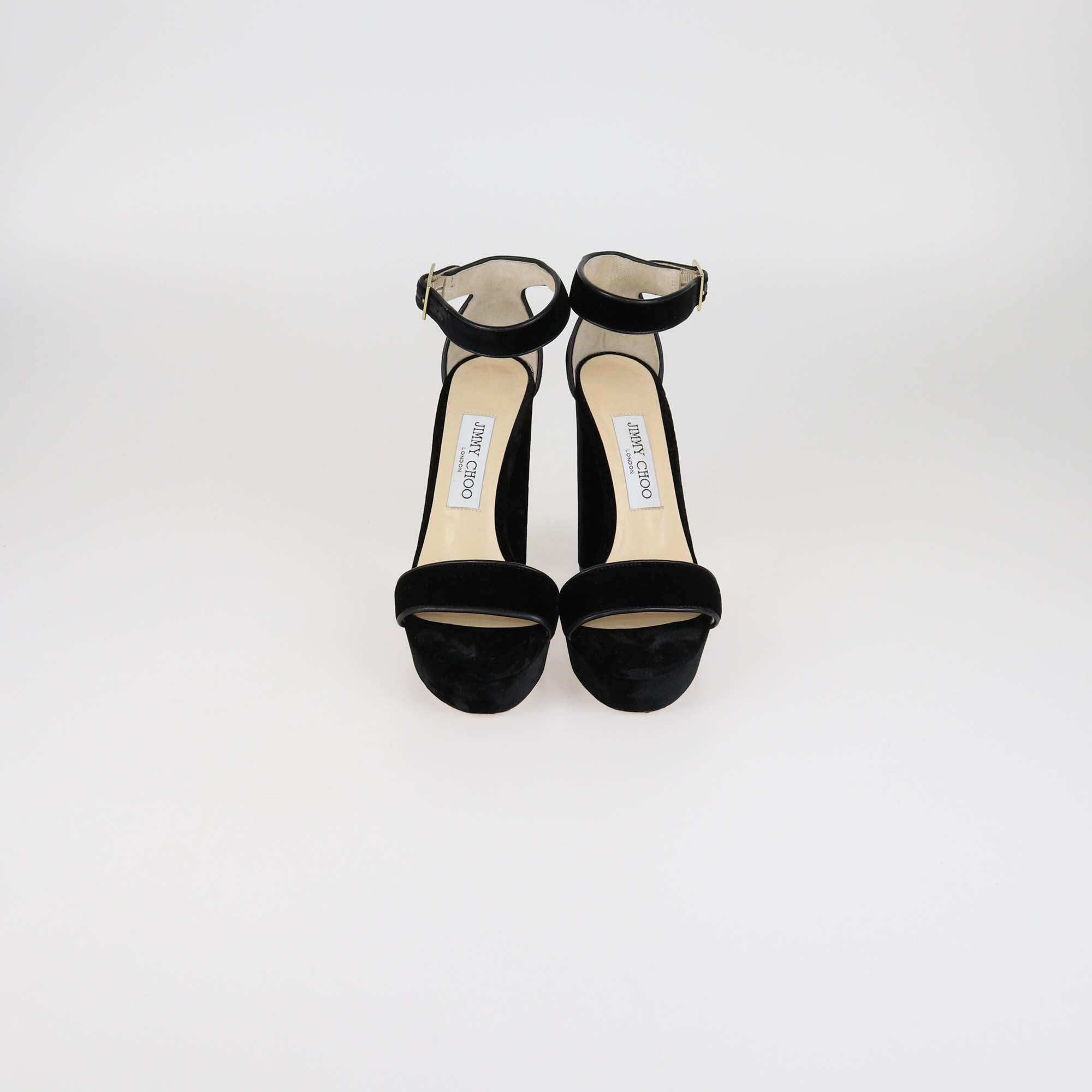 Jimmy Choo Black Velvet & Leather Open Toe Platform Ankle Strap Sandals