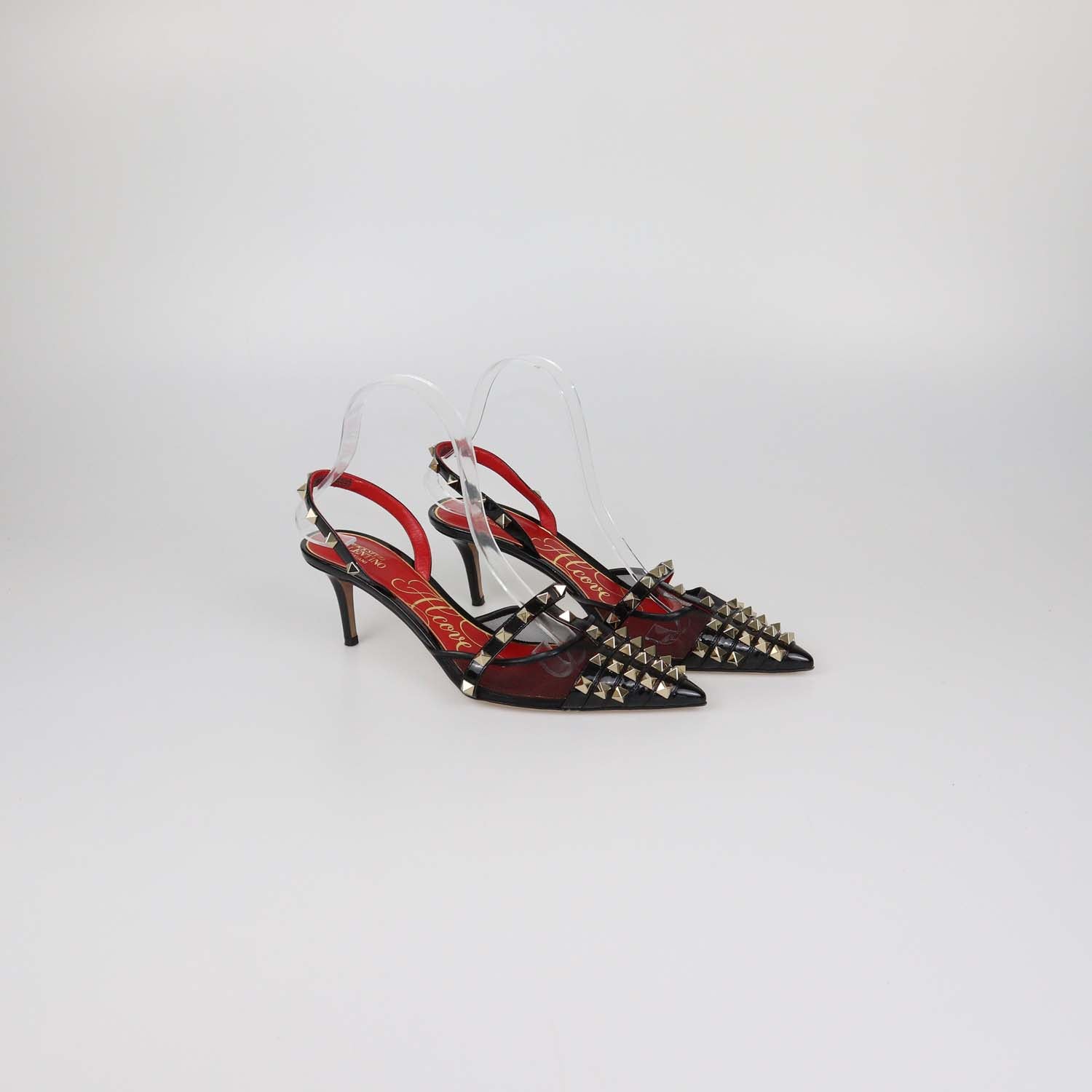 Valentino Black Mesh and Patent Leather Alcove Rockstud Slingback Pumps