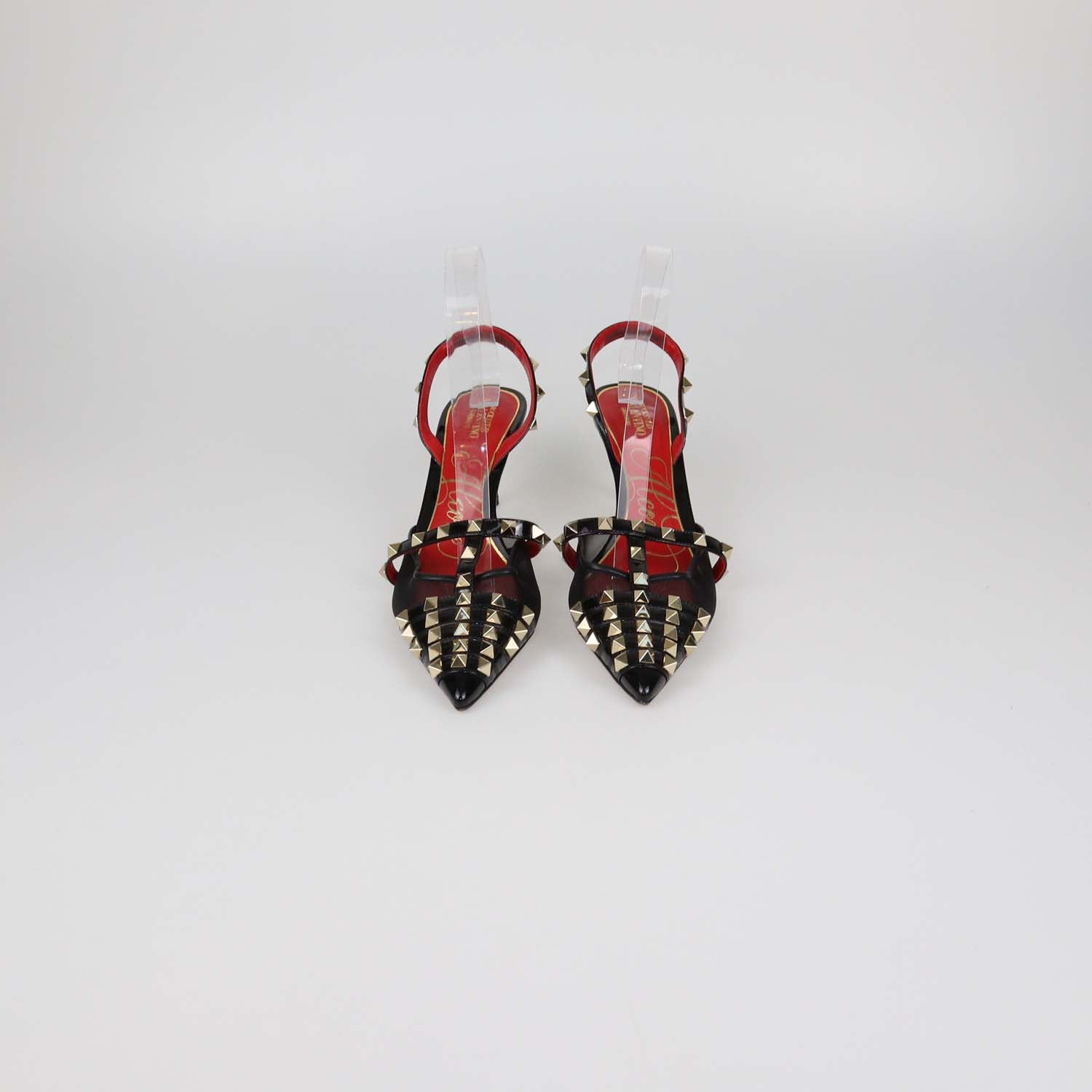 Valentino Black Mesh and Patent Leather Alcove Rockstud Slingback Pumps