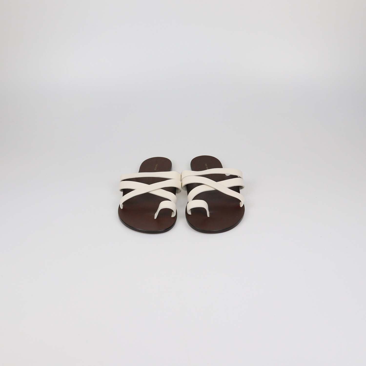 The Row White/Brown Leather Kris Flat Sandals