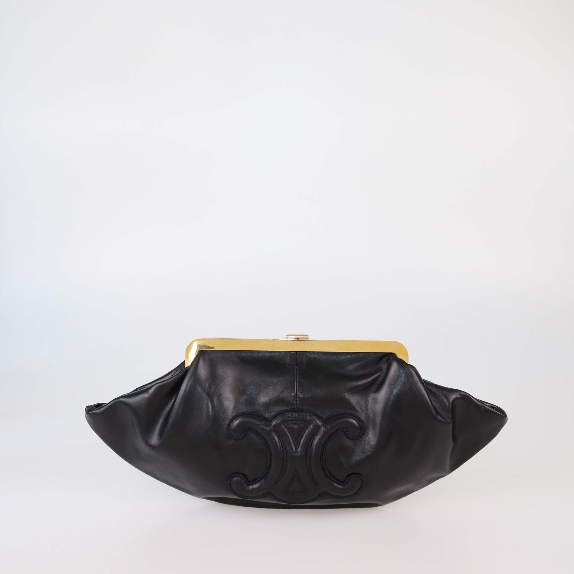 Celine Black Leather Triomphe Dome Clutch