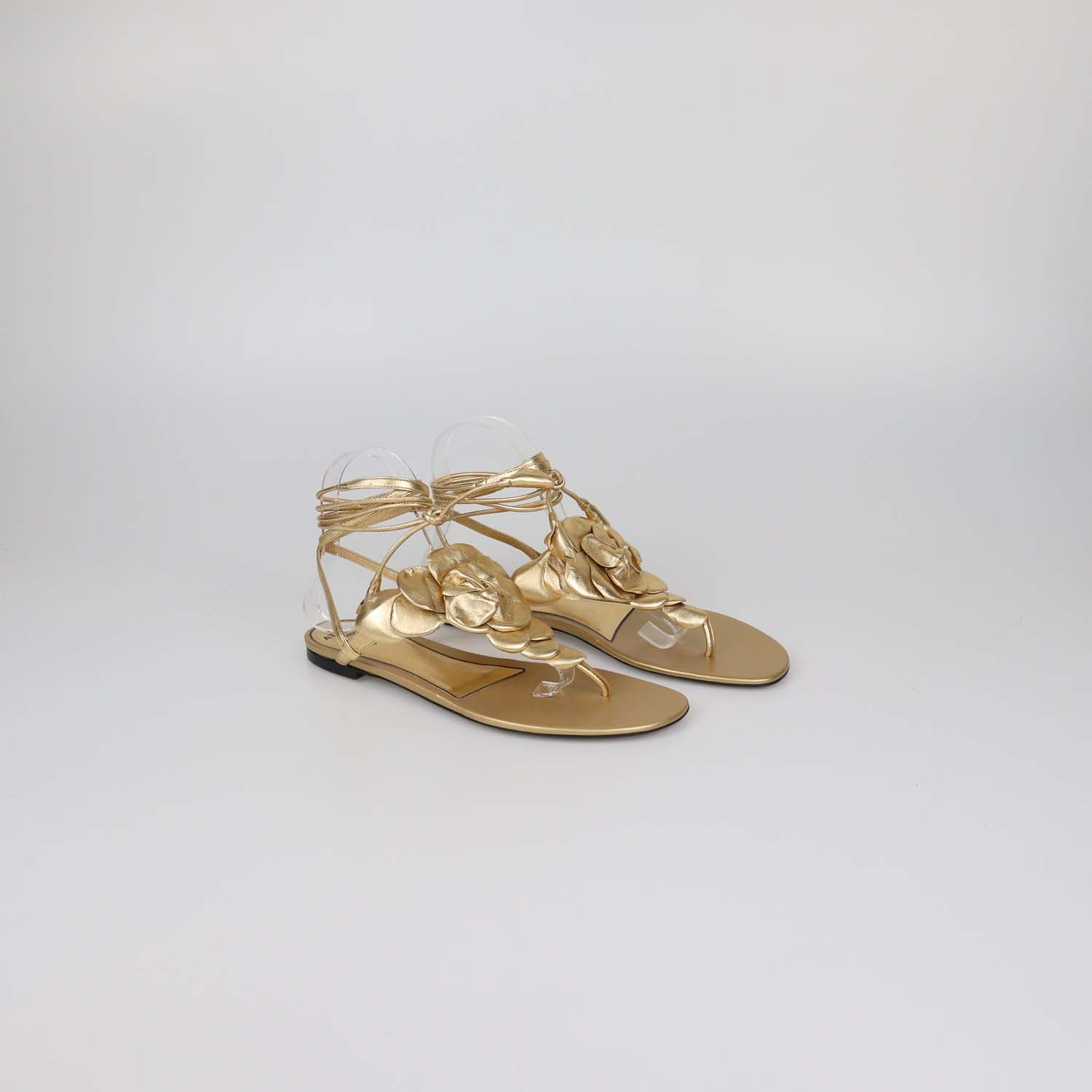 Valentino Gold Leather Atelier 03 Rose Edition Ankle Wrap Thong Flats