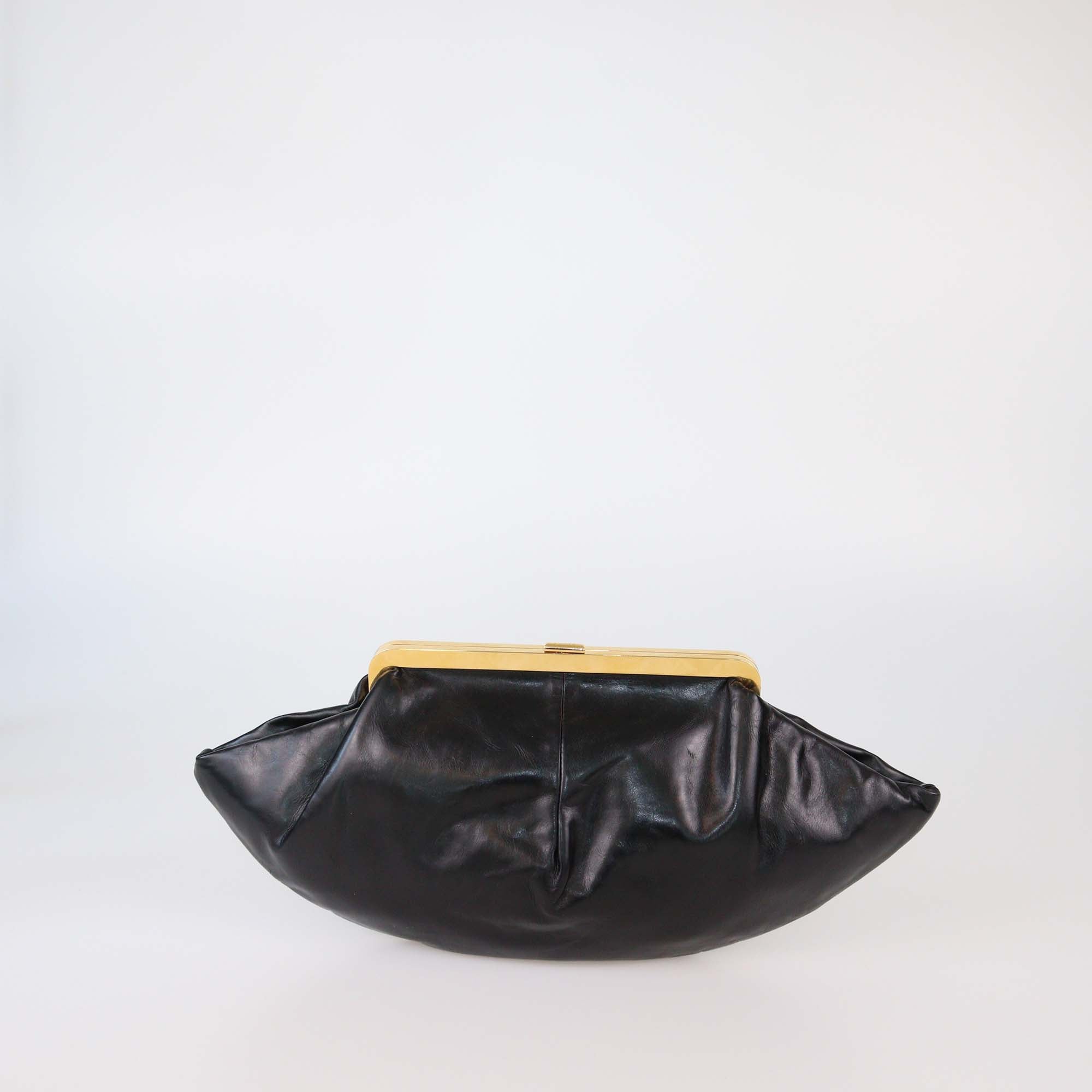 Celine Black Leather Triomphe Dome Clutch