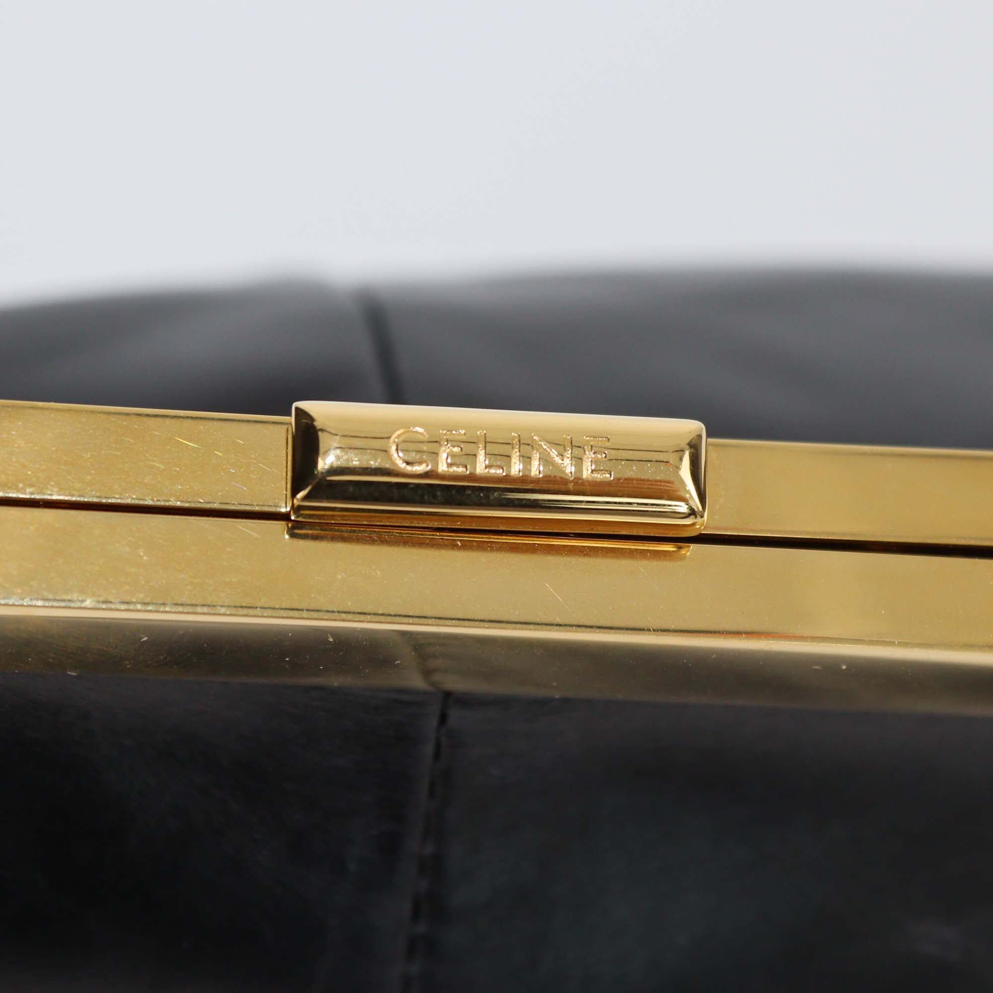 Celine Black Leather Triomphe Dome Clutch