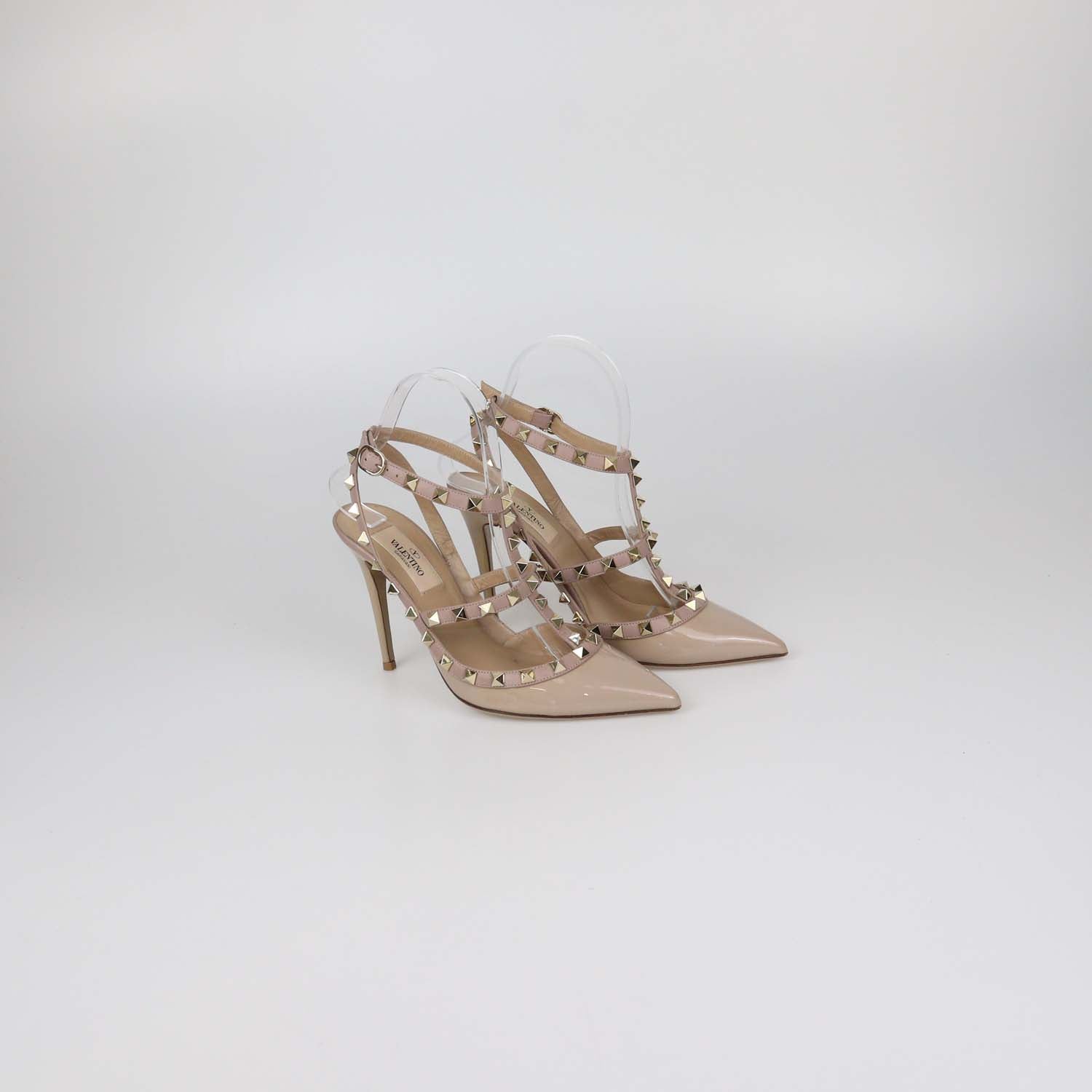 Valentino Beige Patent Leather Rockstud Ankle Strap Pumps