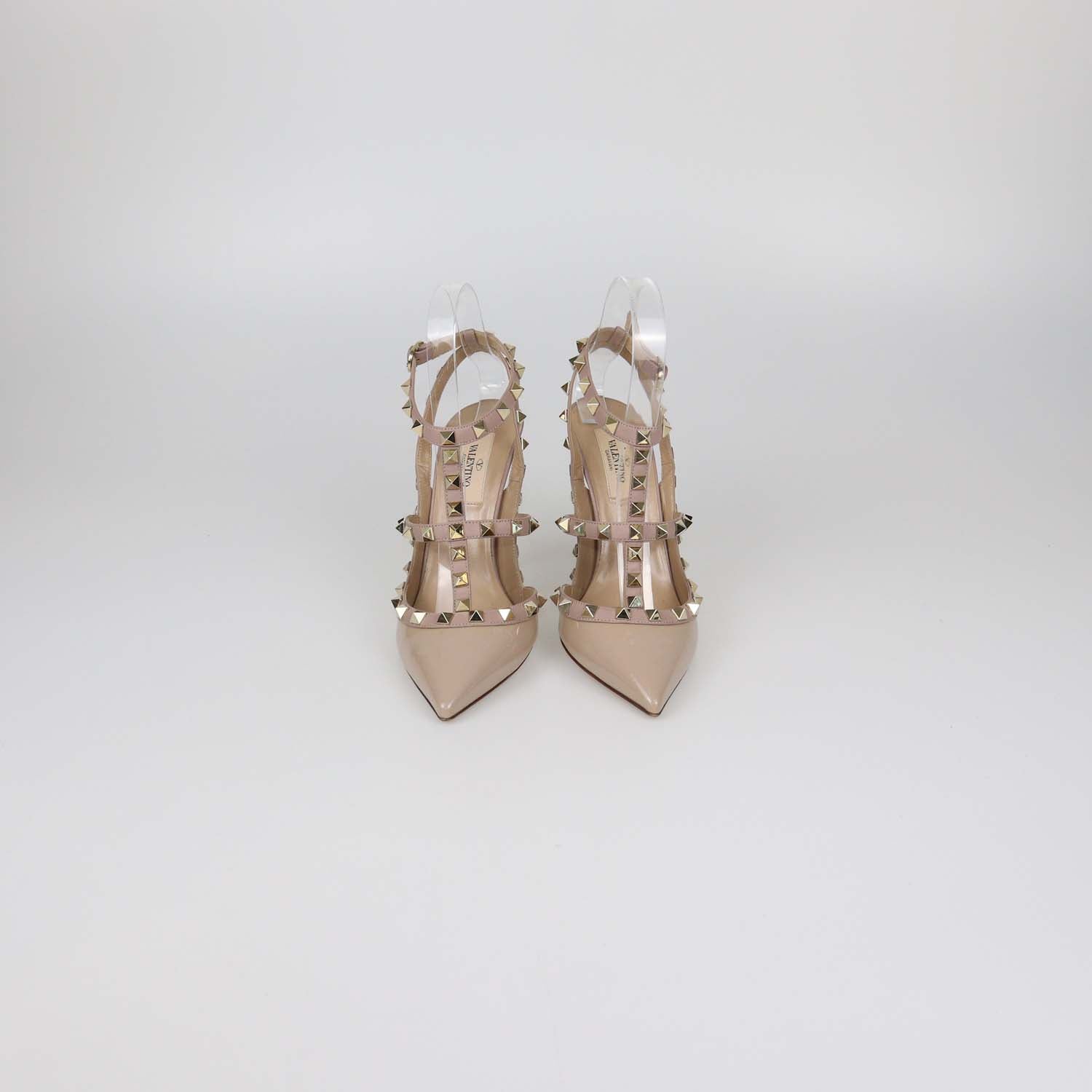 Valentino Beige Patent Leather Rockstud Ankle Strap Pumps