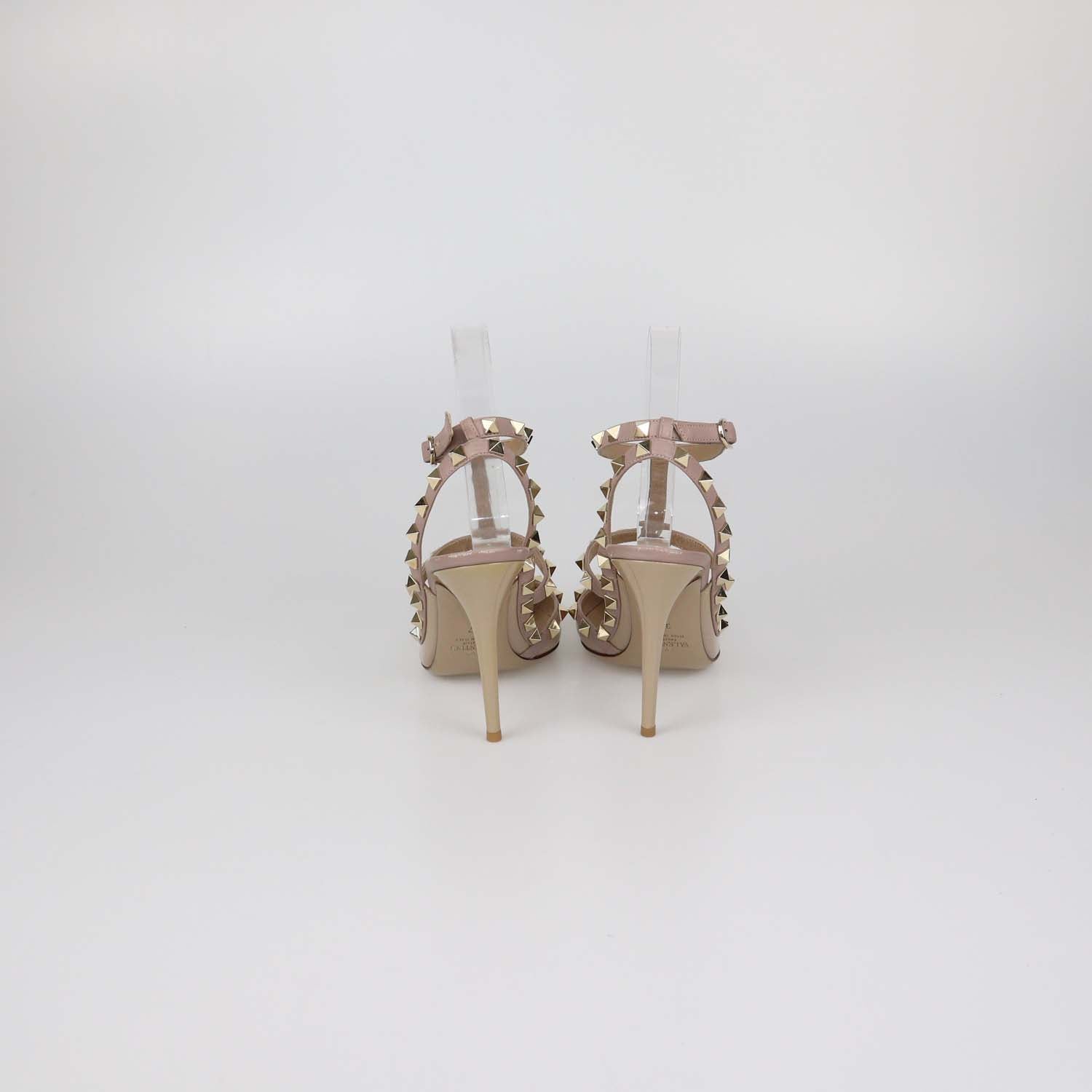 Valentino Beige Patent Leather Rockstud Ankle Strap Pumps