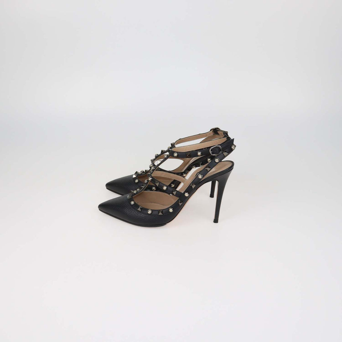 Valentino Black Leather Rolling Rockstud Caged Pumps