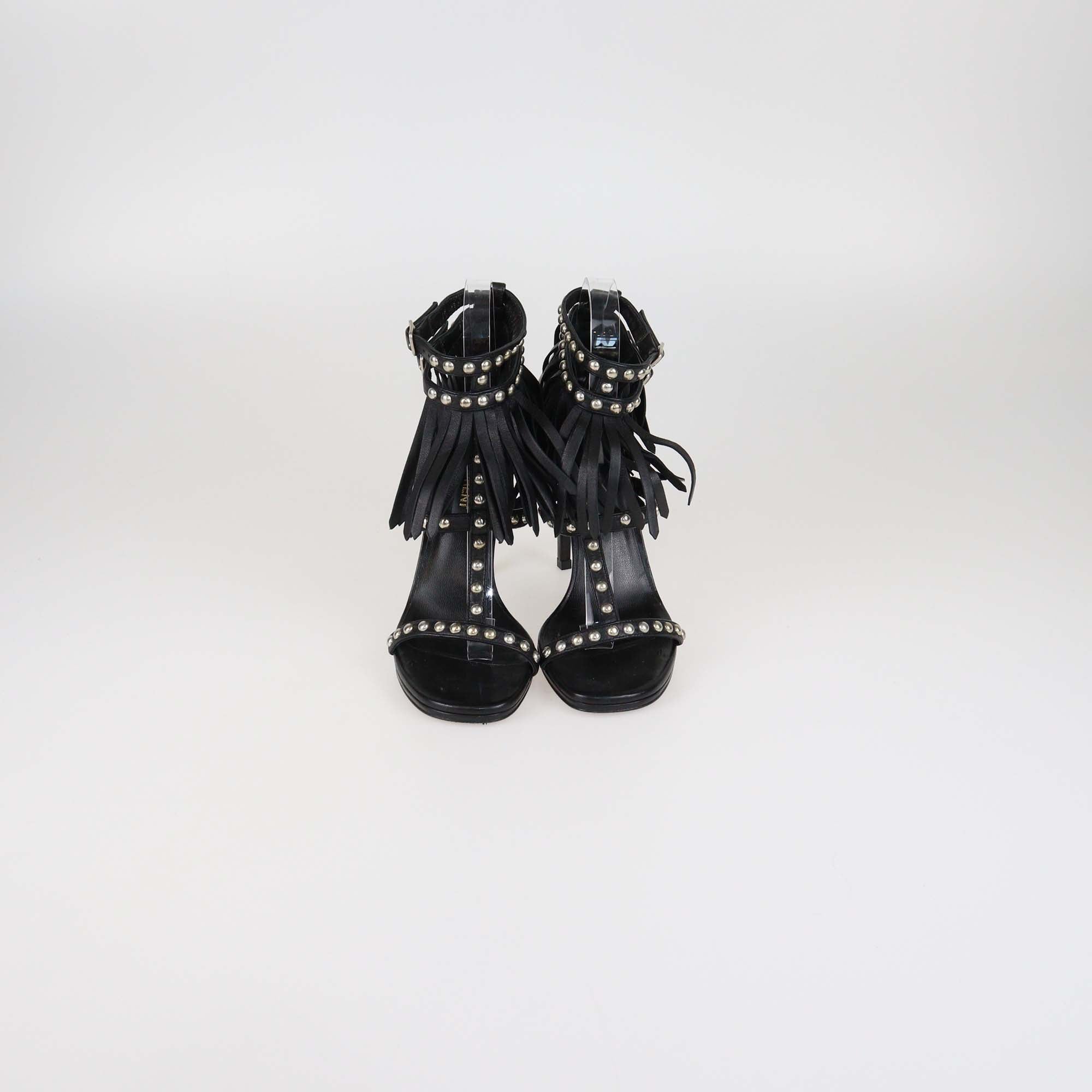 Saint Laurent Black Leather Studded & Fringe T-Strap Sandals