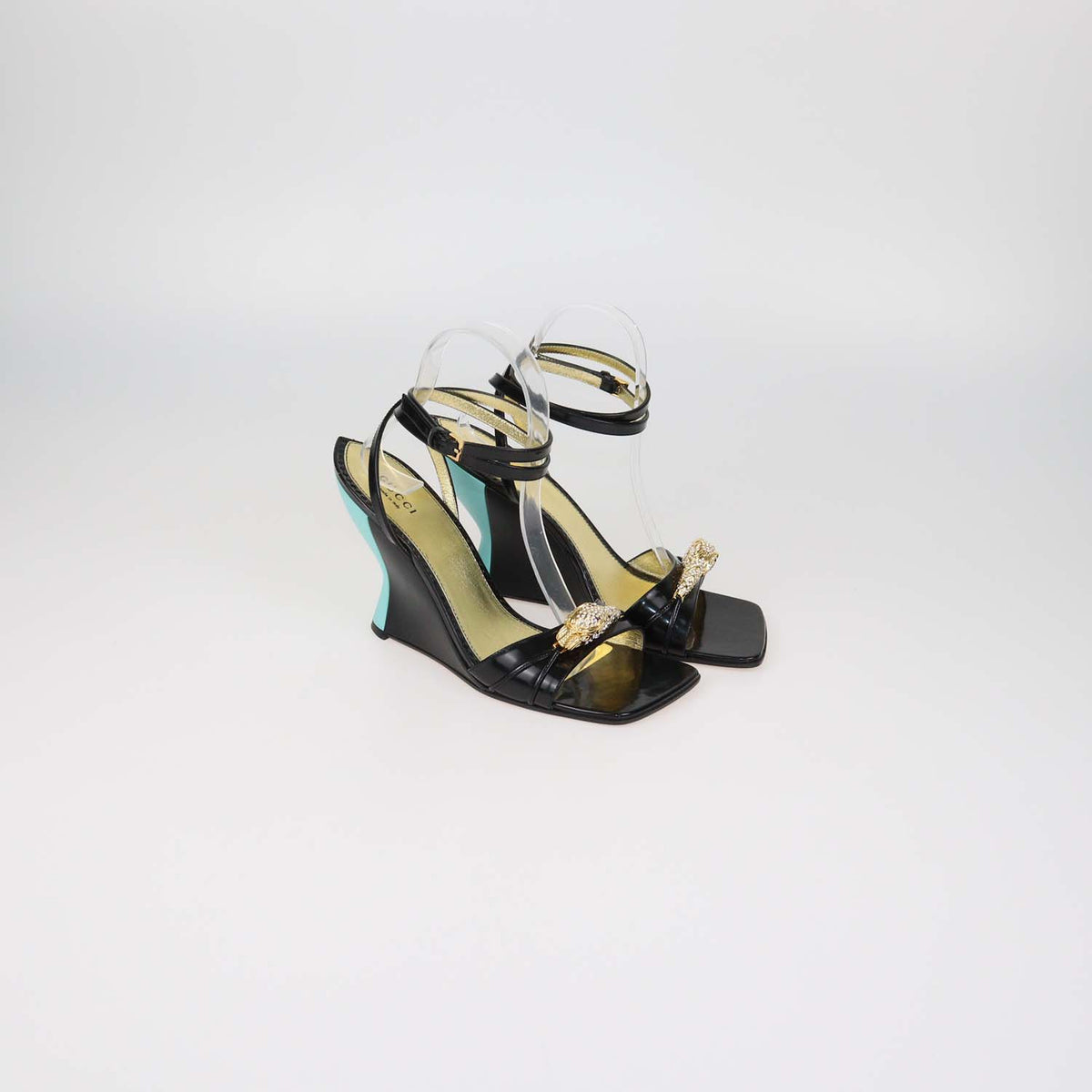 Gucci Black Patent Leather House Snake Head Crystal Sandals