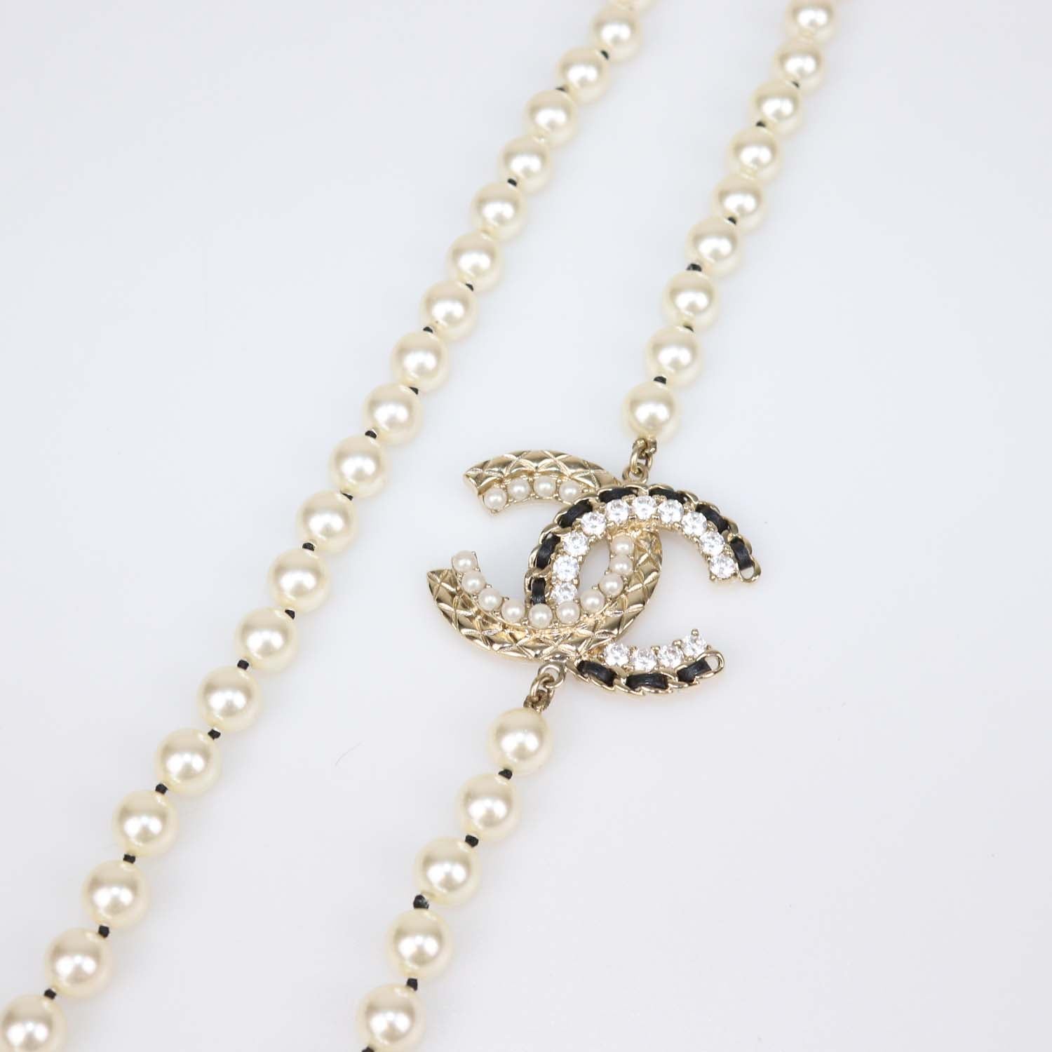 Chanel Gold Tone Metal Strass Imitation Pearl Lambskin CC Long Necklace