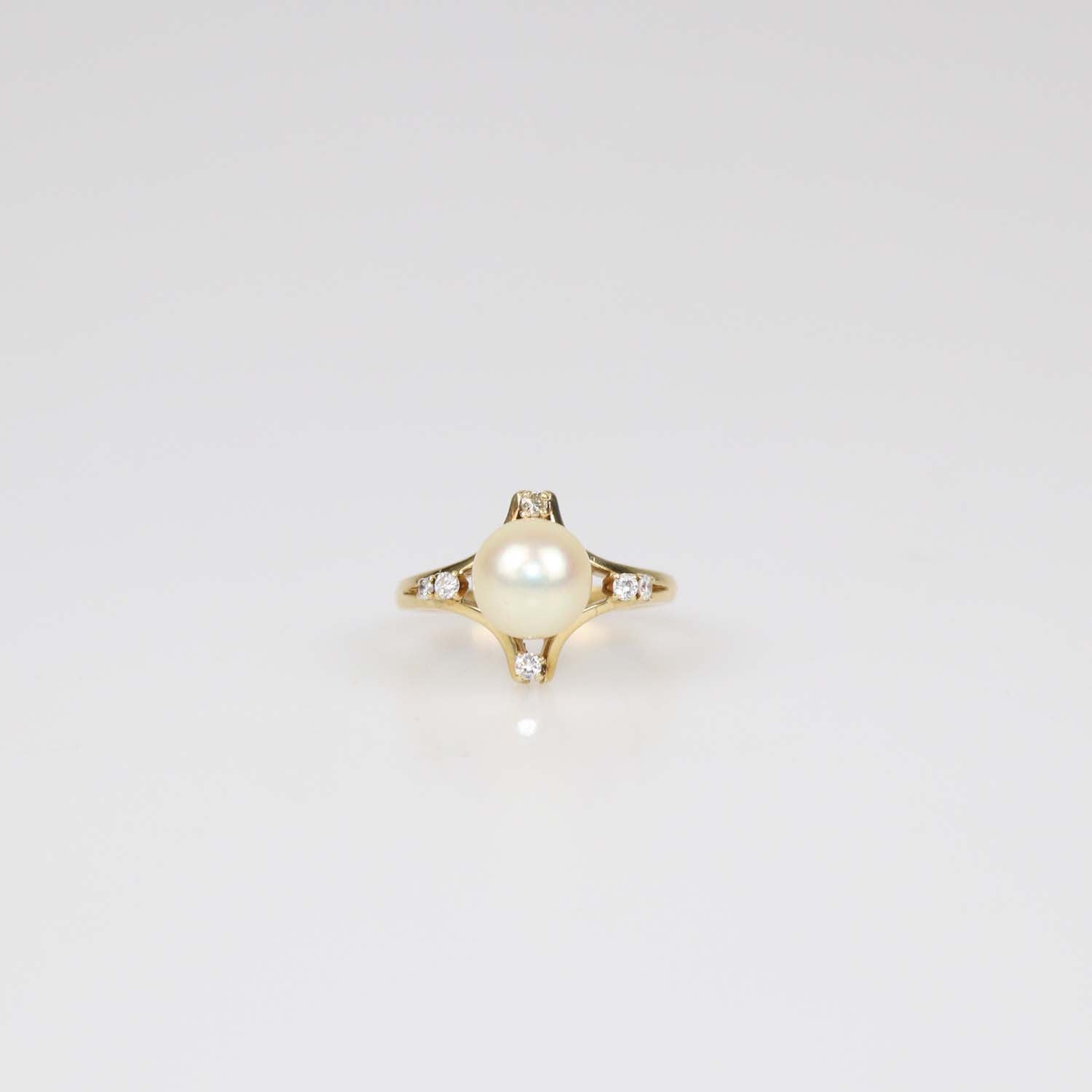 Mikimoto 18K Yellow Gold Pearl Diamond Ring Size 53