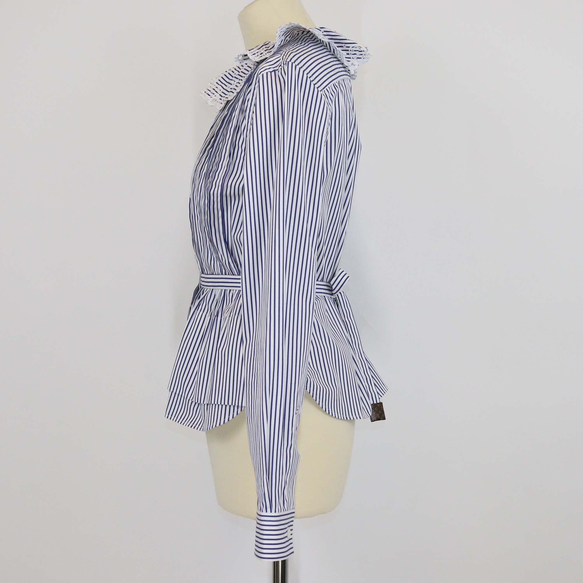 Louis Vuitton White/Blue Striped Monogram Eyelet Collar Long Sleeve Blouse