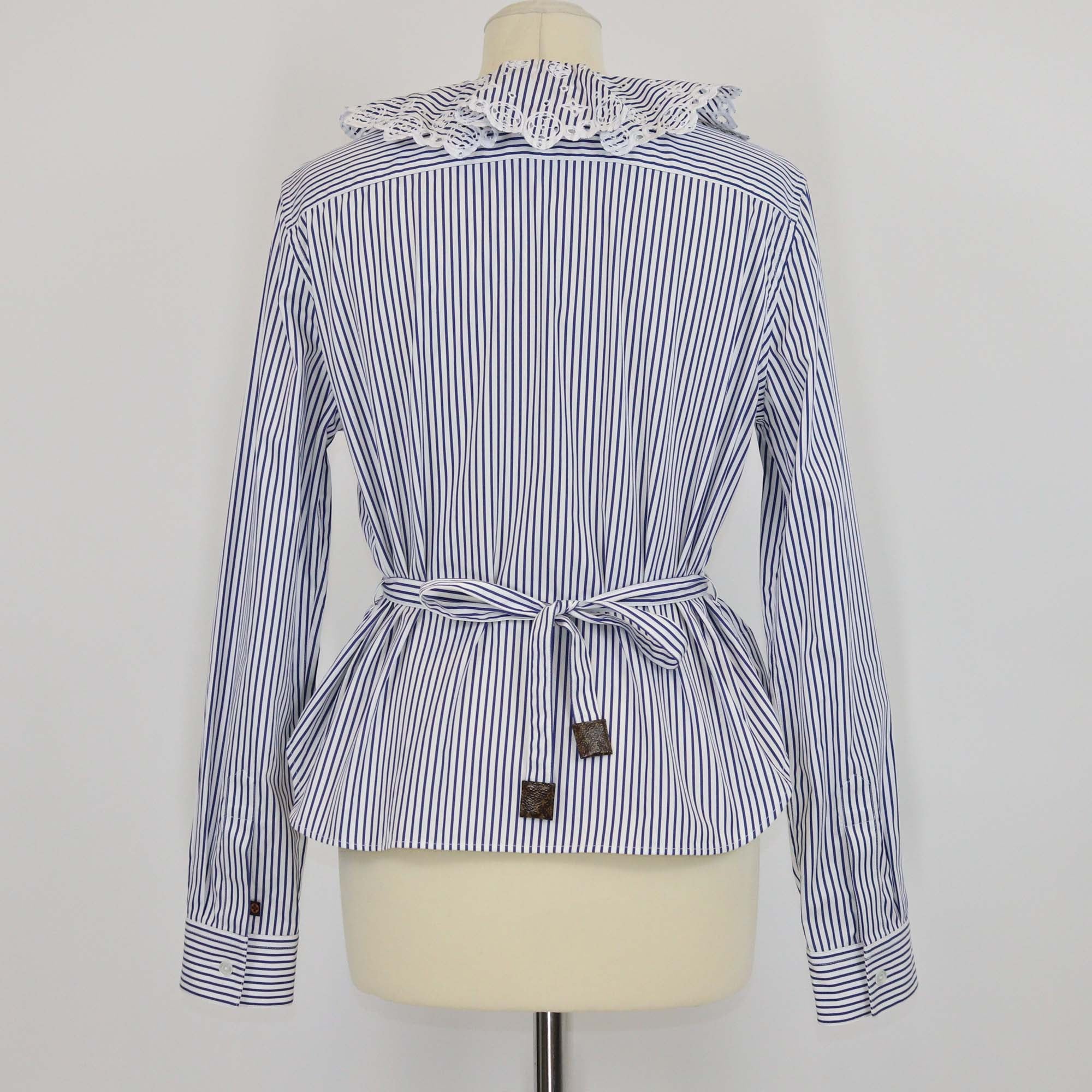 Louis Vuitton White/Blue Striped Monogram Eyelet Collar Long Sleeve Blouse
