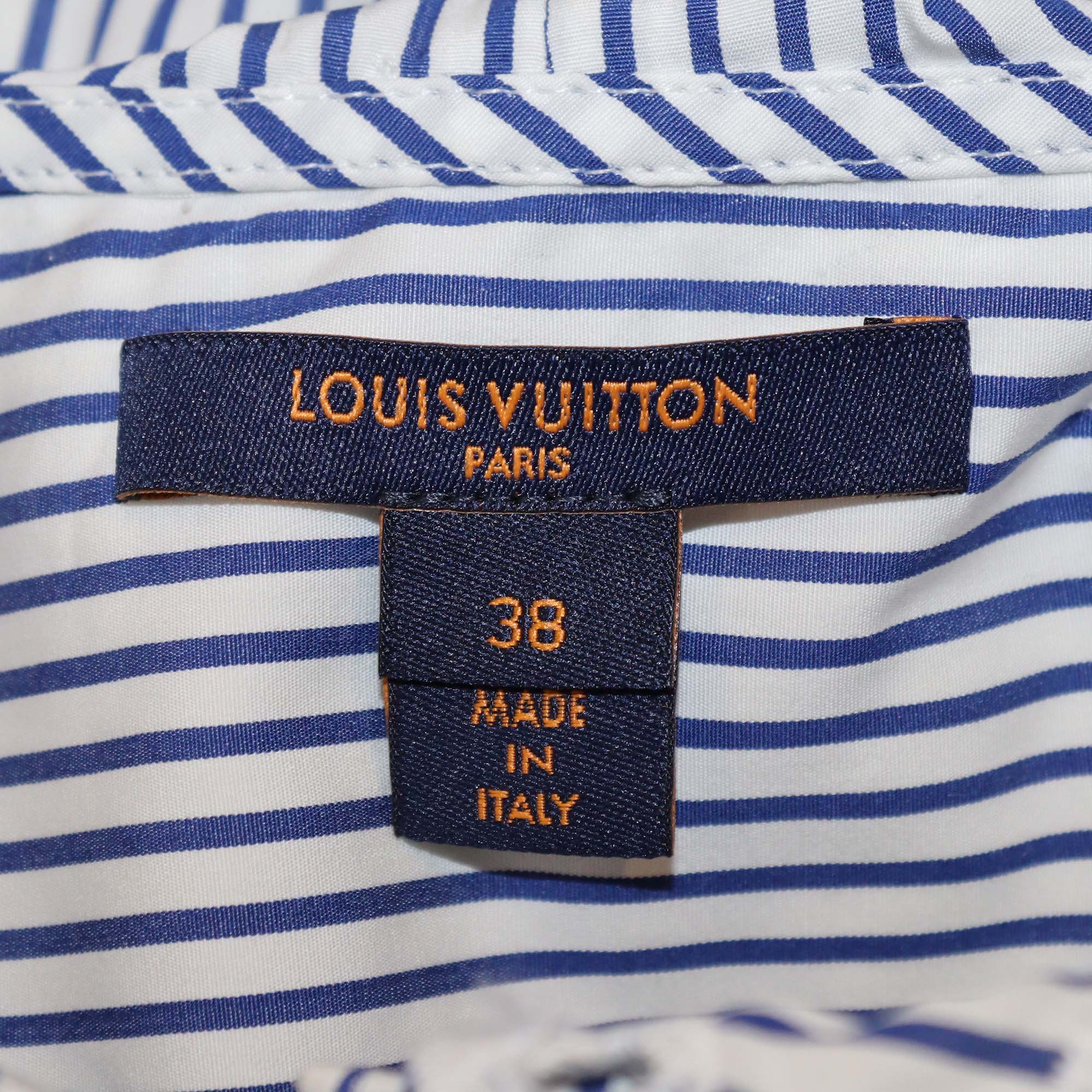 Louis Vuitton White/Blue Striped Monogram Eyelet Collar Long Sleeve Blouse
