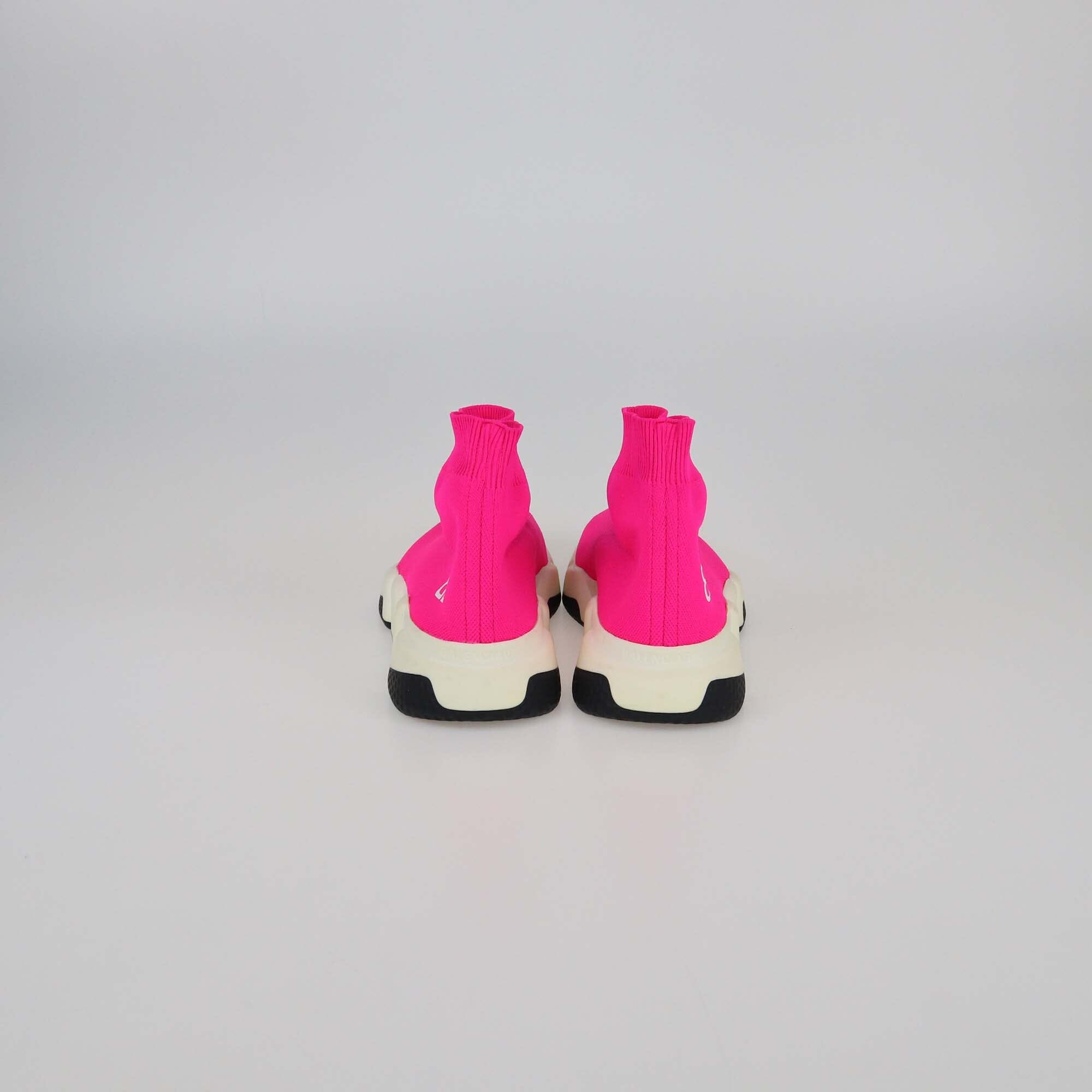 Balenciaga Neon Pink Knit Fabric Speed Trainer BB Sneakers Womens Balenciaga