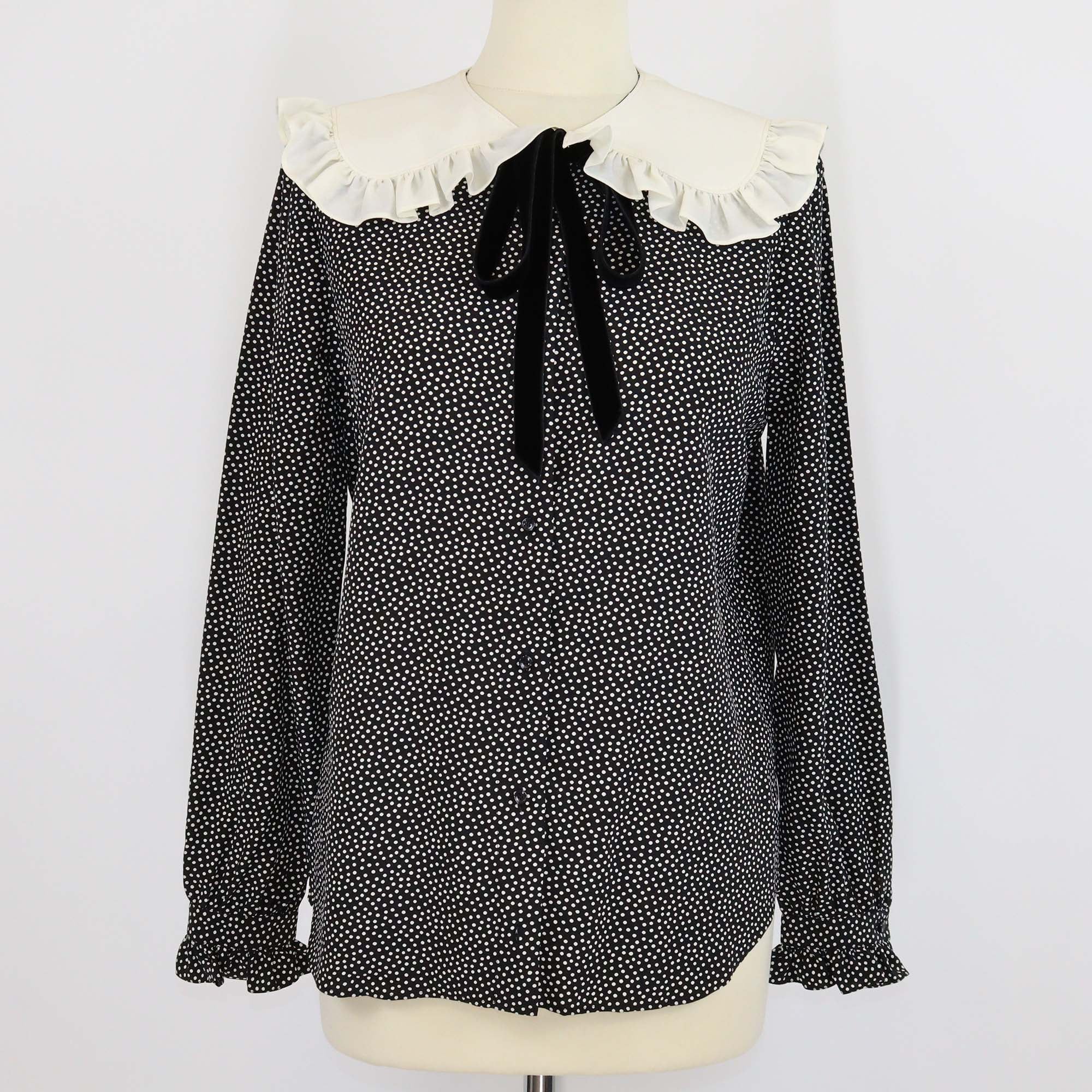 Saint Laurent Black Polka Dot Peter Pan Collar Velvet Bow Blouse