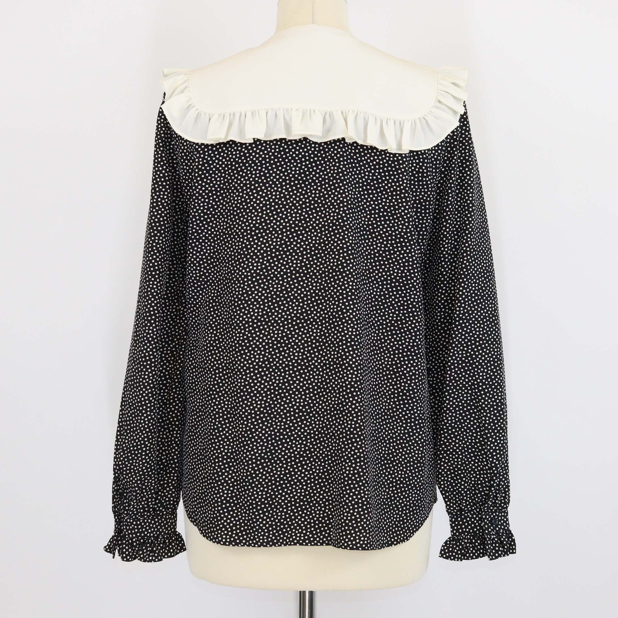 Saint Laurent Black Polka Dot Peter Pan Collar Velvet Bow Blouse