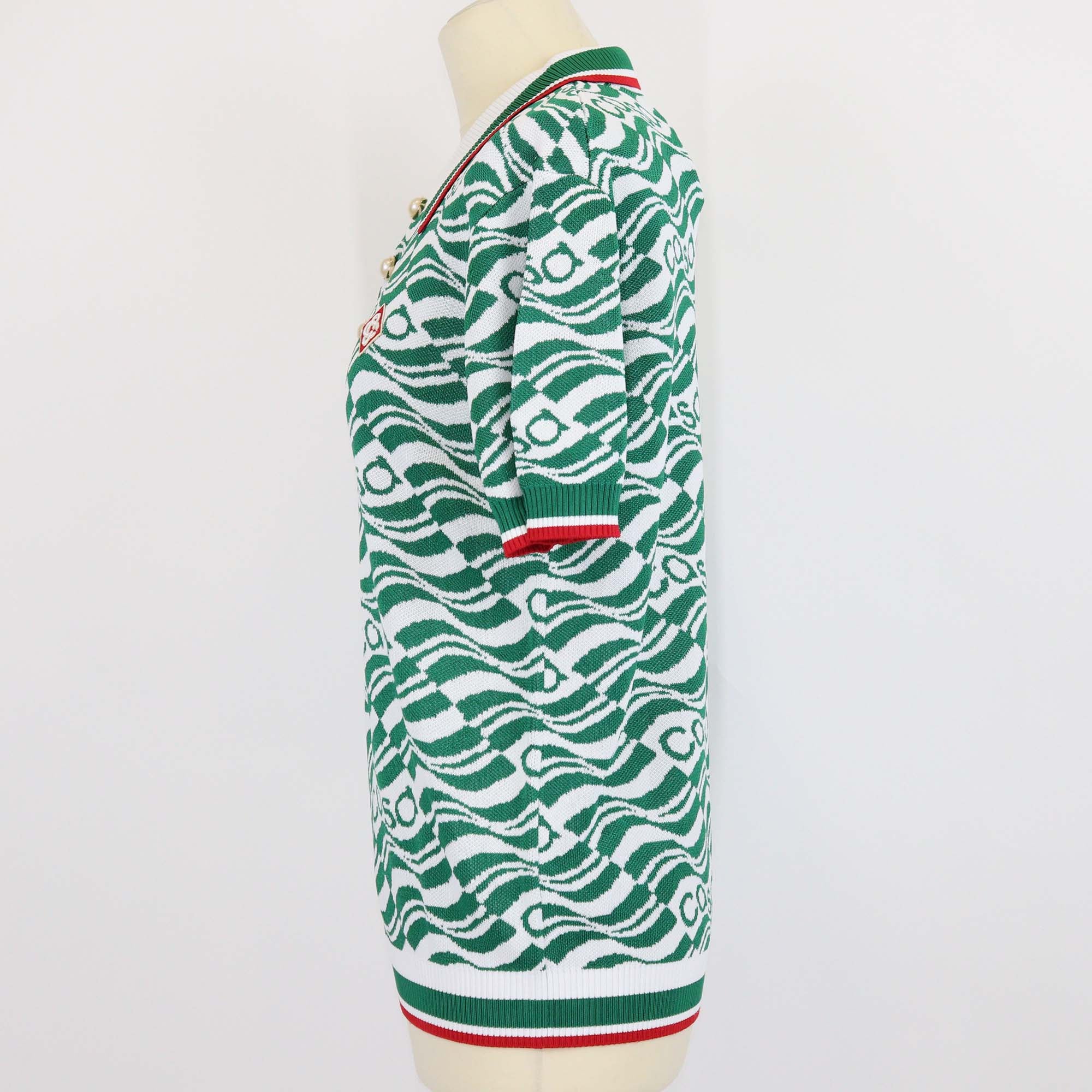 Casablanca Green/White Viscose Flying Flag Knitted Polo Shirt