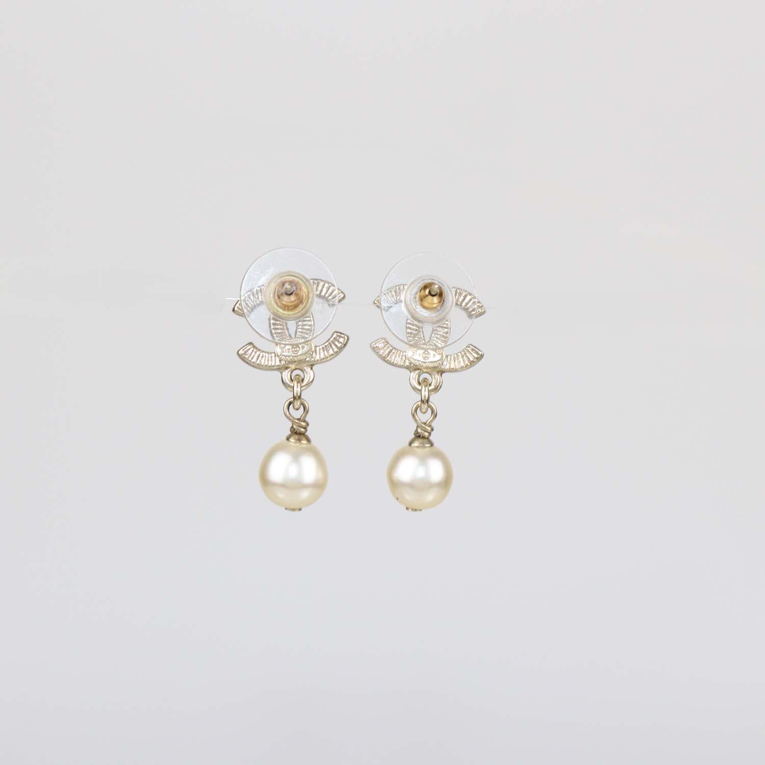 Chanel Gold Tone Faux Pearl CC Drop Earrings