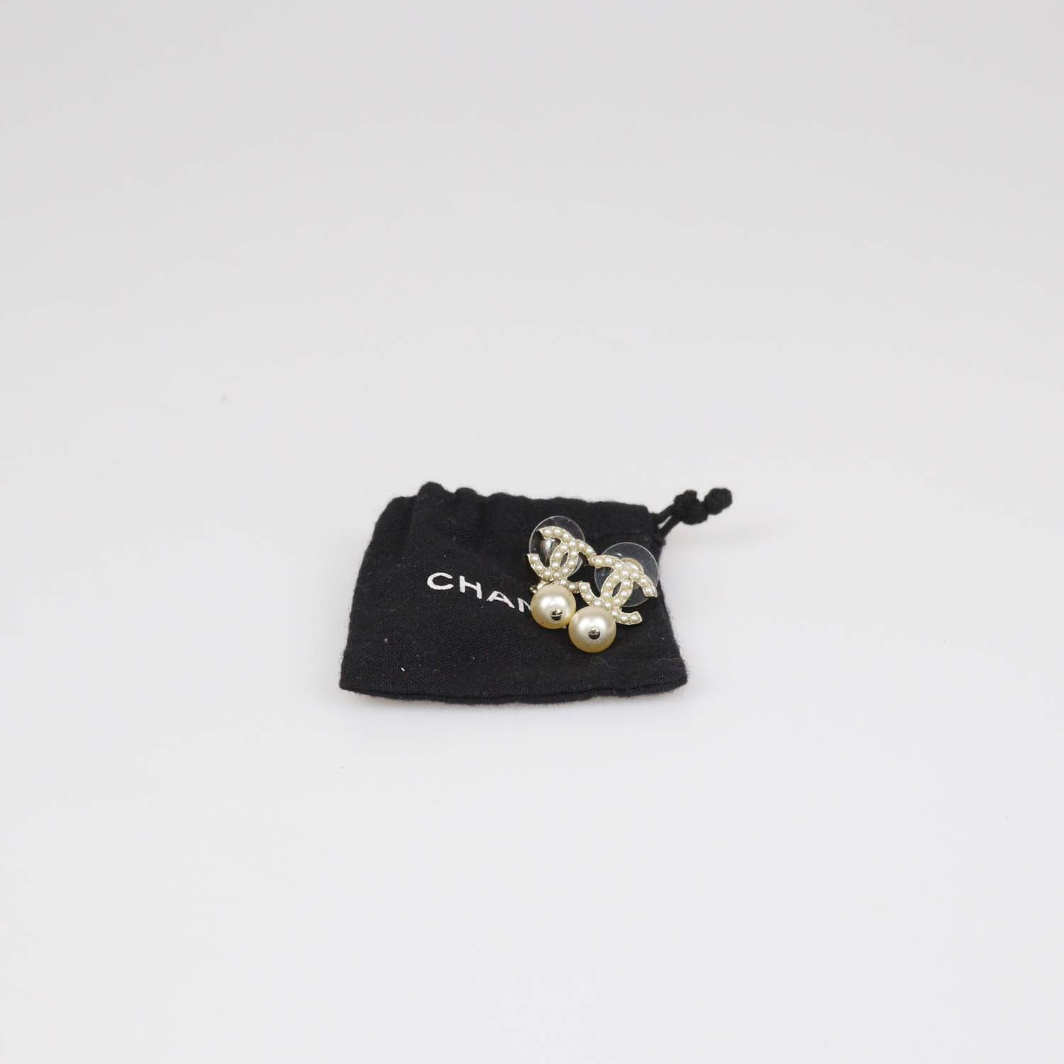 Chanel Gold Tone Faux Pearl CC Drop Earrings