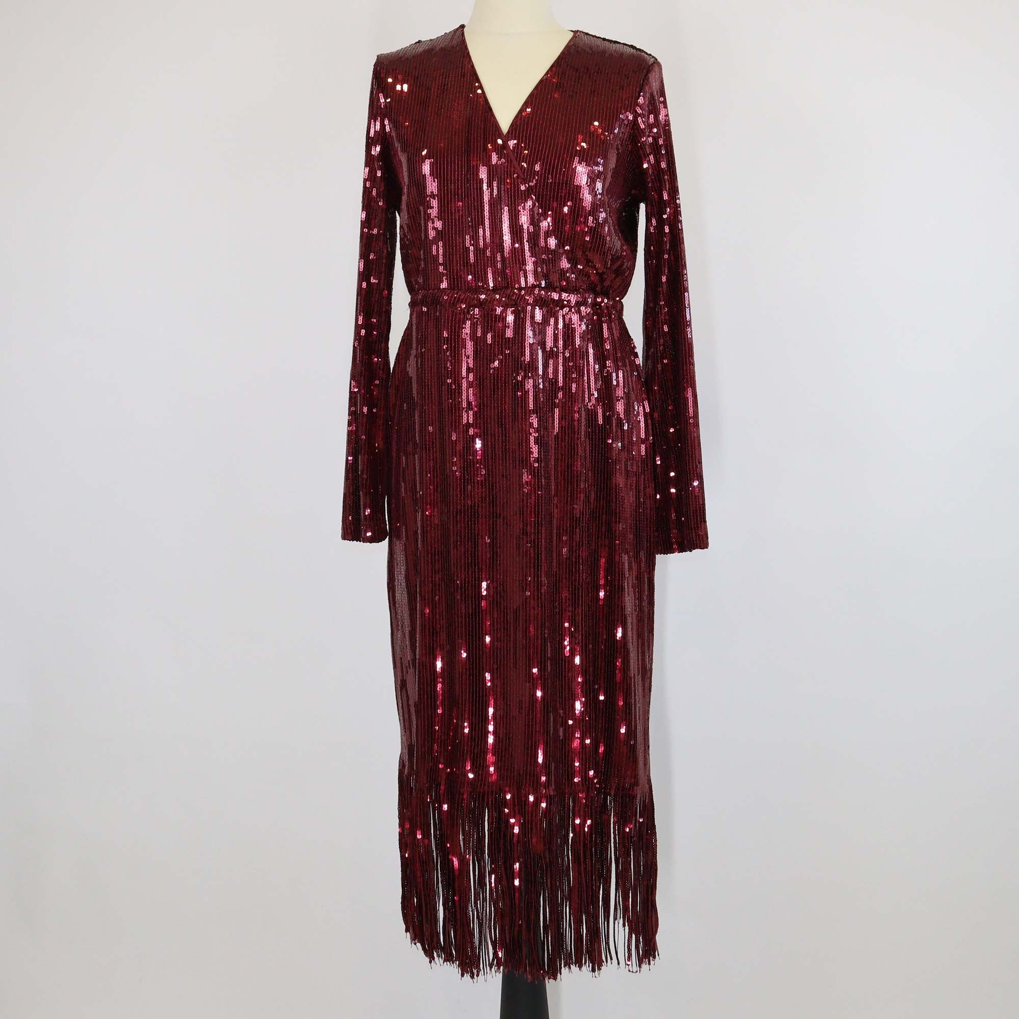 Y.A.S Burgundy Sequin Fringed Yastio Midi Dress