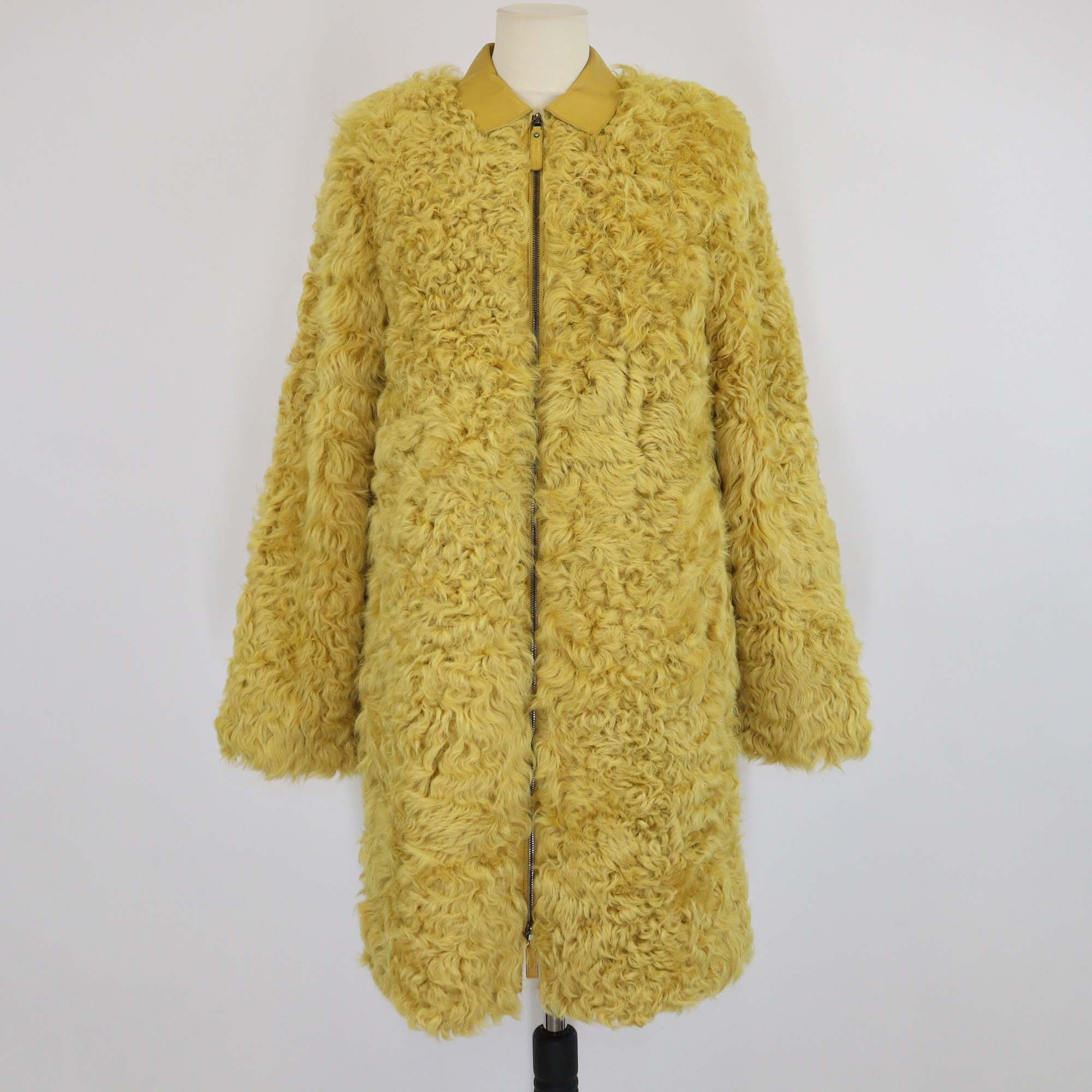 Longchamp Yellow Fur & Leather Collar Zip Front Coat