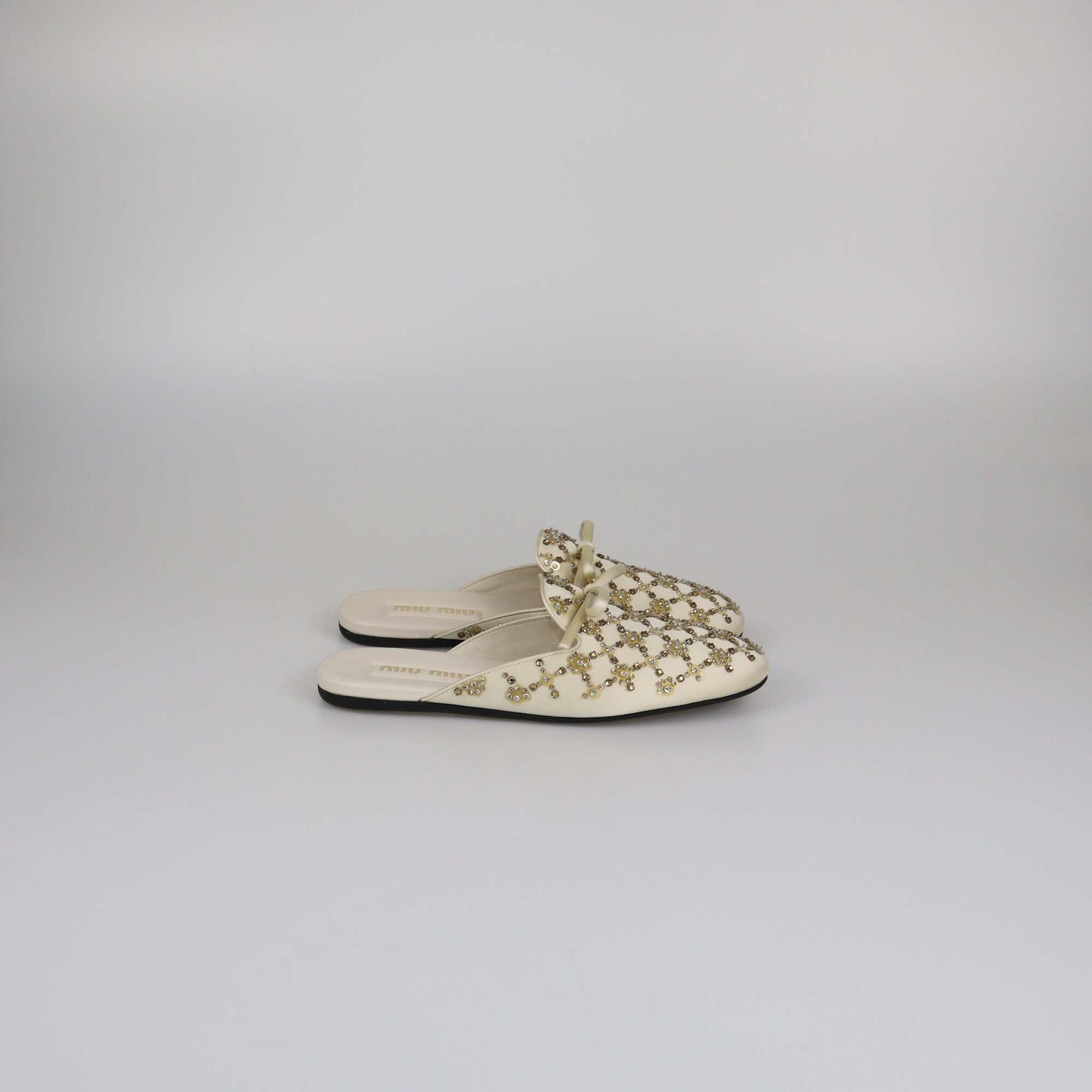 Miu Miu Beige Beaded Bow Slipper Flat Mules Womens Miu Miu