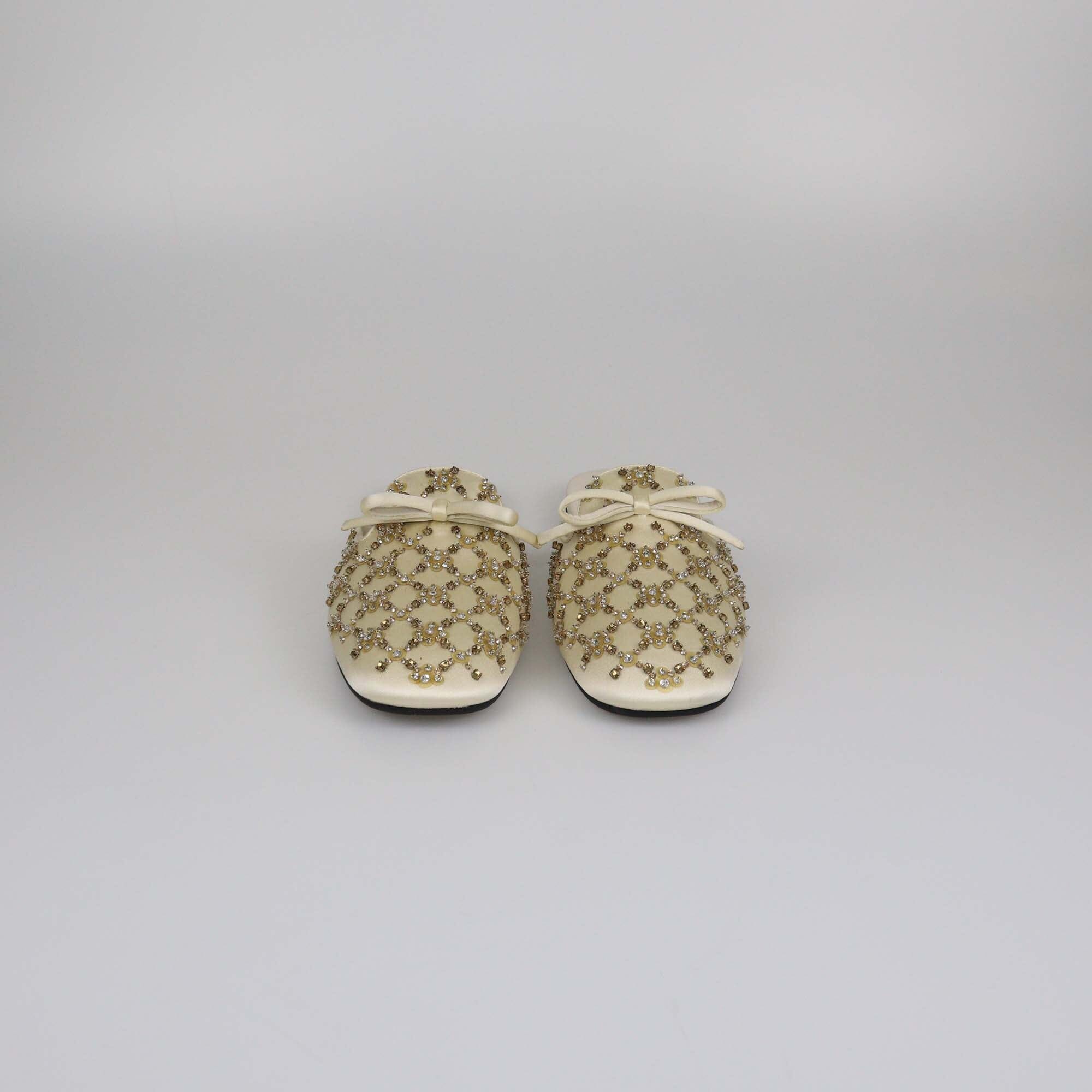 Miu Miu Beige Beaded Bow Slipper Flat Mules Womens Miu Miu