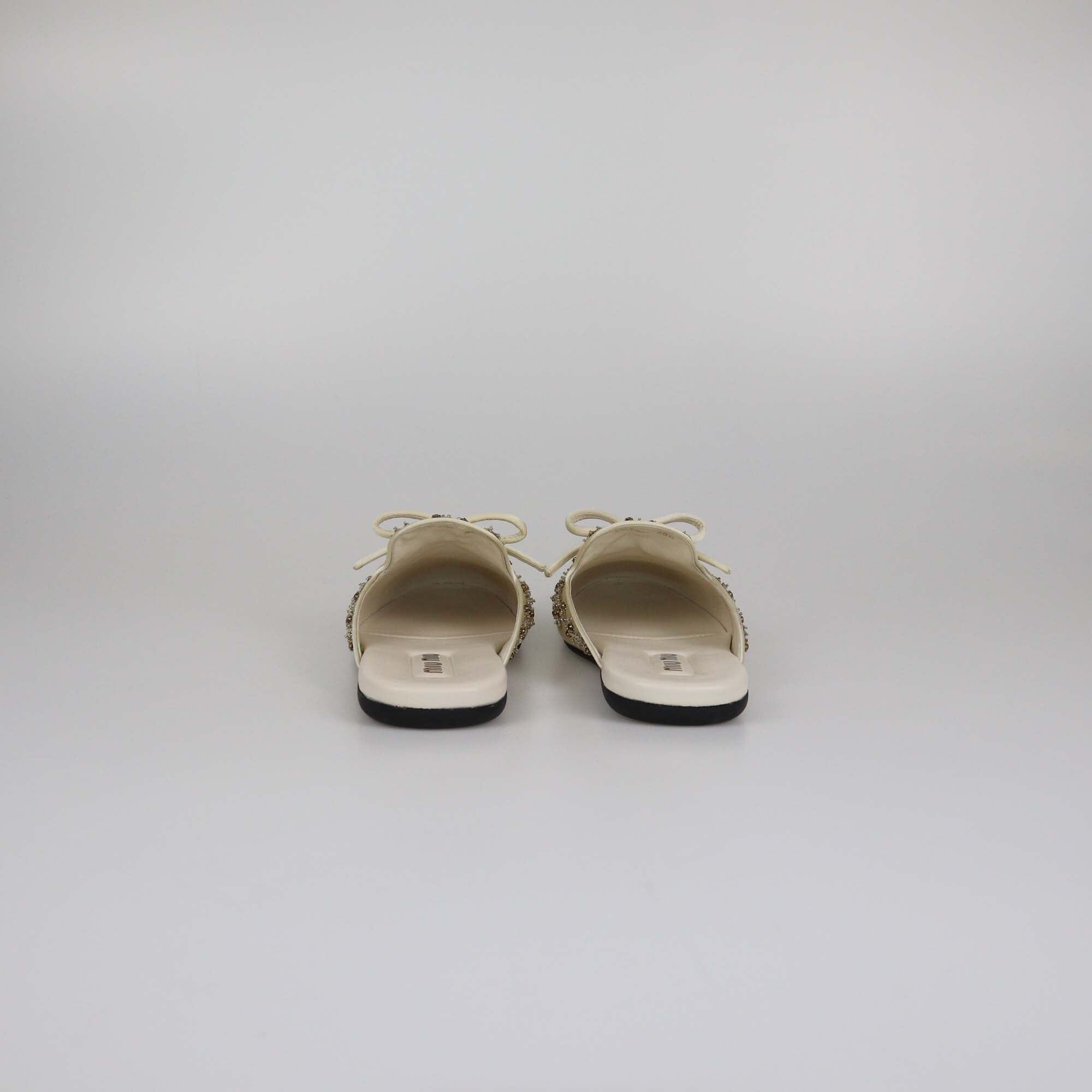 Miu Miu Beige Beaded Bow Slipper Flat Mules Womens Miu Miu