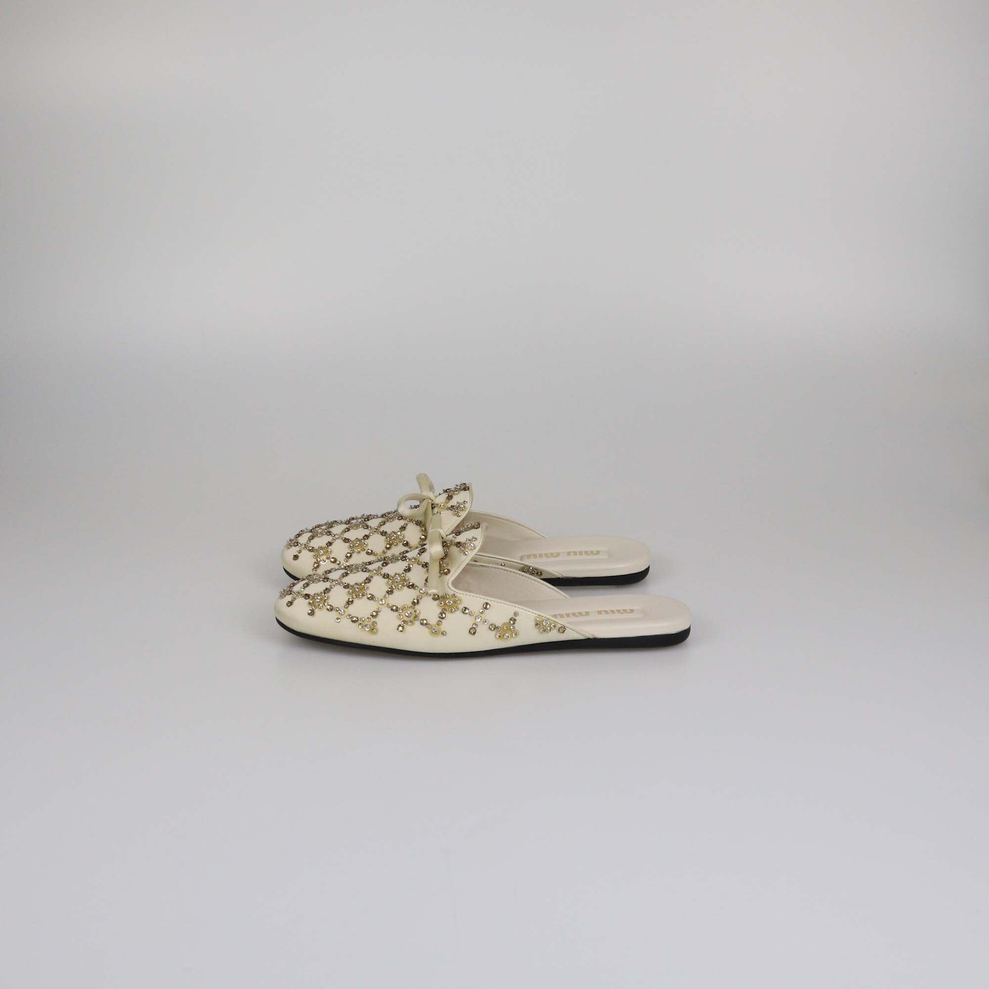 Miu Miu Beige Beaded Bow Slipper Flat Mules Womens Miu Miu