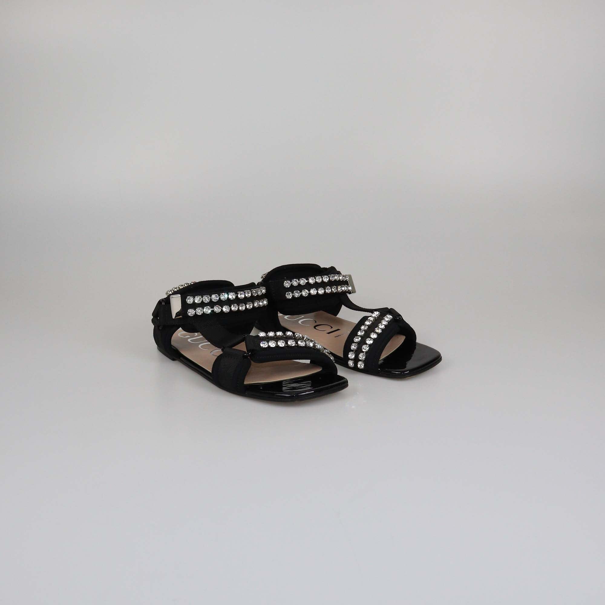 Gucci Black Crystal Embellished Shea Flat Sandals Womens Gucci