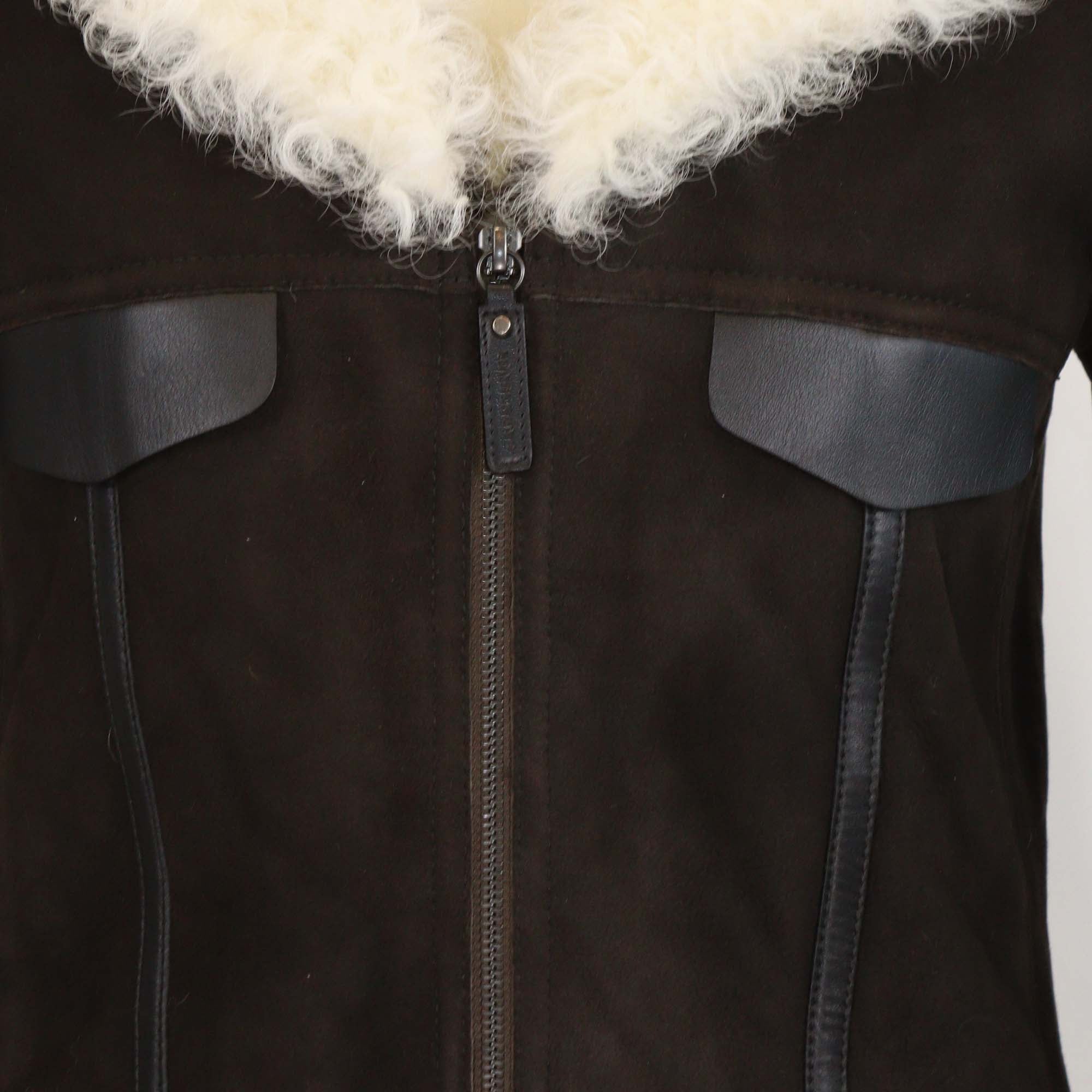 Longchamp Dark Brown Suede and Fur Zip Front Coat