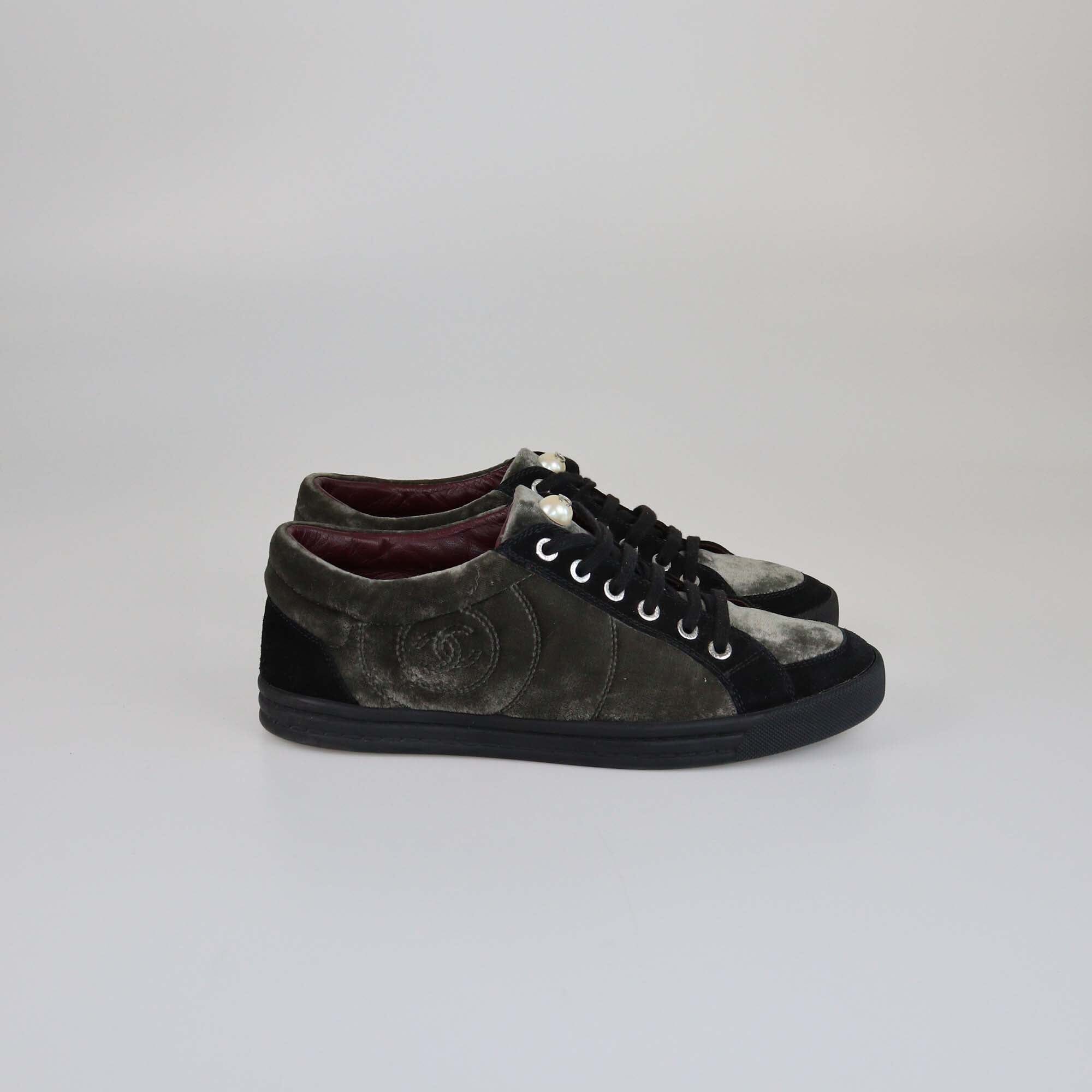 Chanel Black/Fatigue Green CC Pearl Lace Up Sneakers Womens Chanel