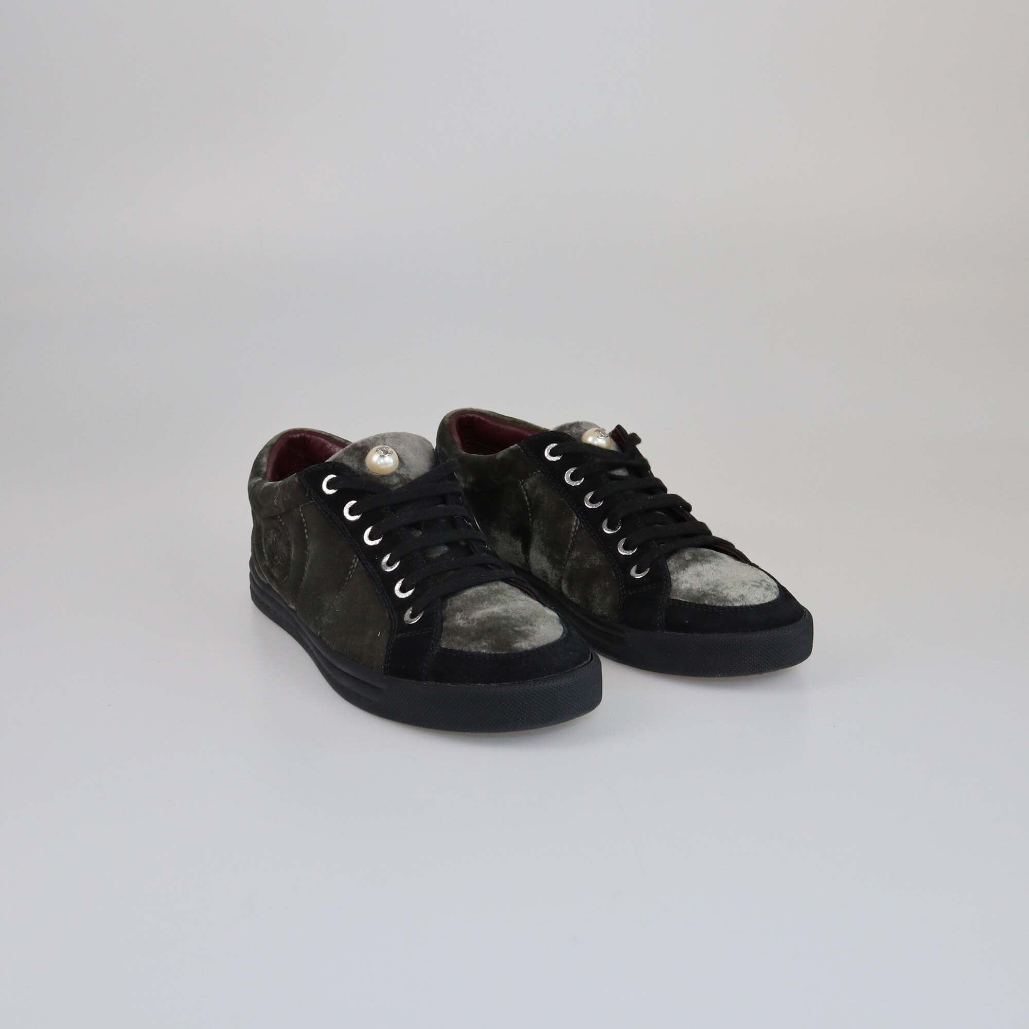 Chanel Black/Fatigue Green CC Pearl Lace Up Sneakers Womens Chanel