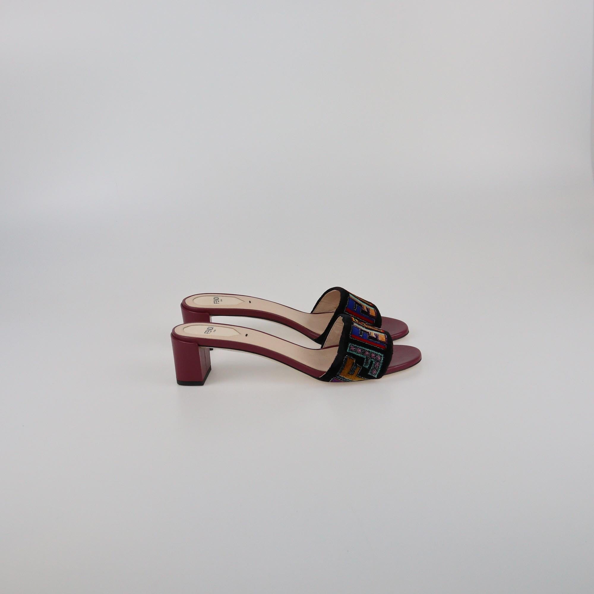 Fendi Burgundy/Multicolor FF Slide Sandals Womens Fendi
