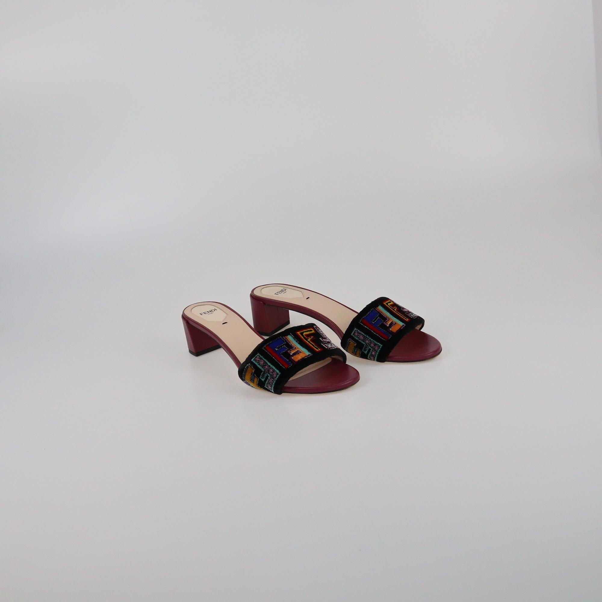 Fendi Burgundy/Multicolor FF Slide Sandals Womens Fendi