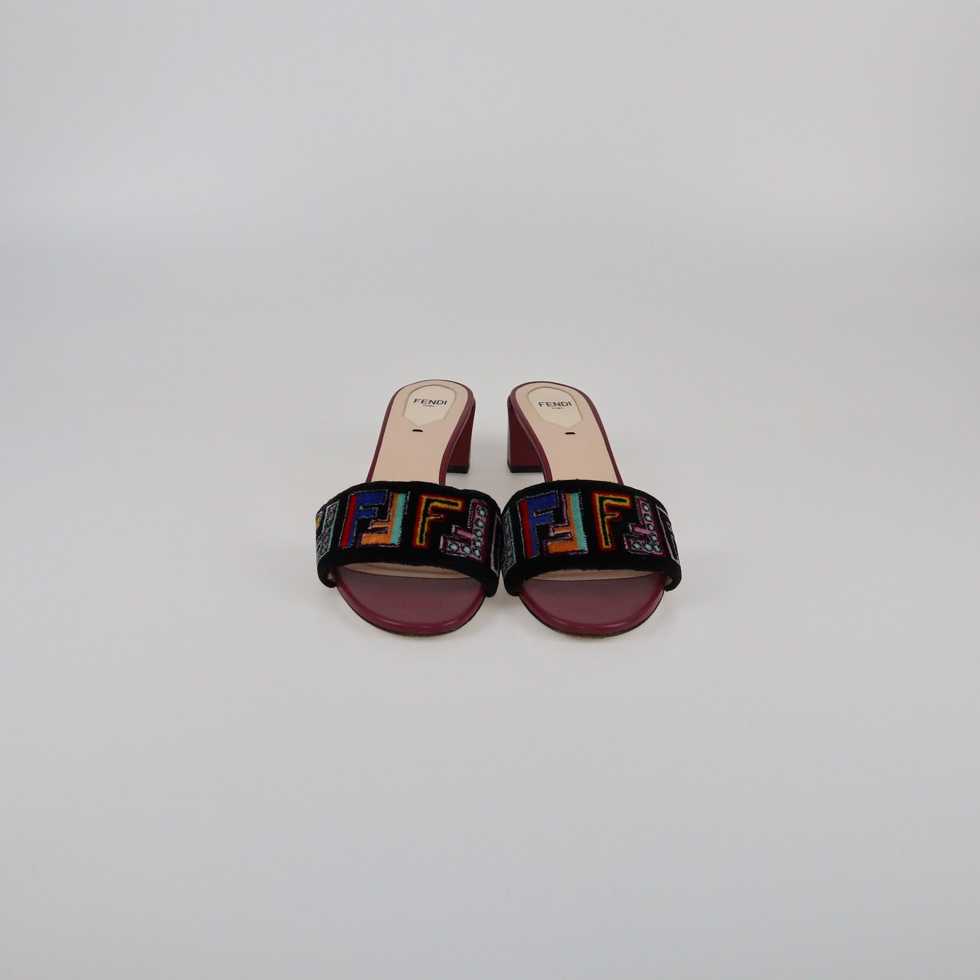 Fendi Burgundy/Multicolor FF Slide Sandals Womens Fendi
