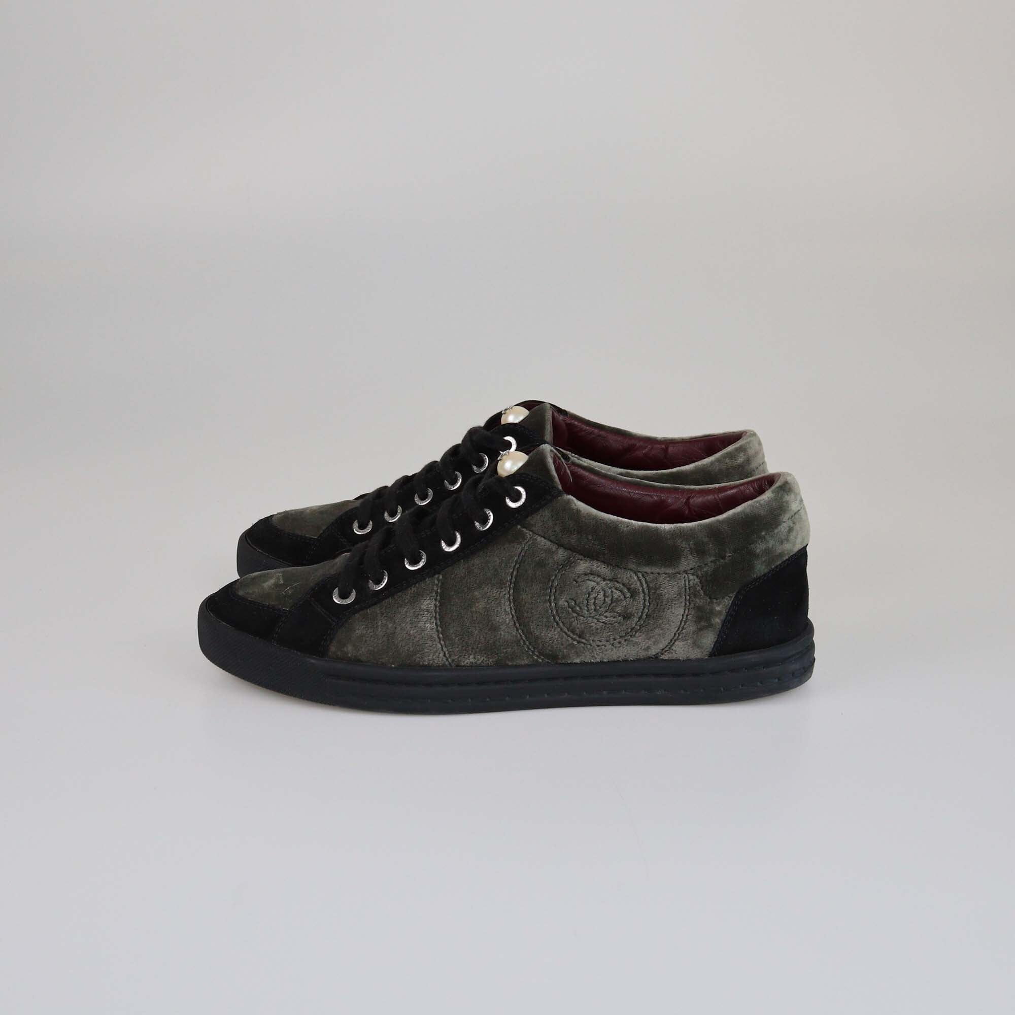 Chanel Black/Fatigue Green CC Pearl Lace Up Sneakers Womens Chanel