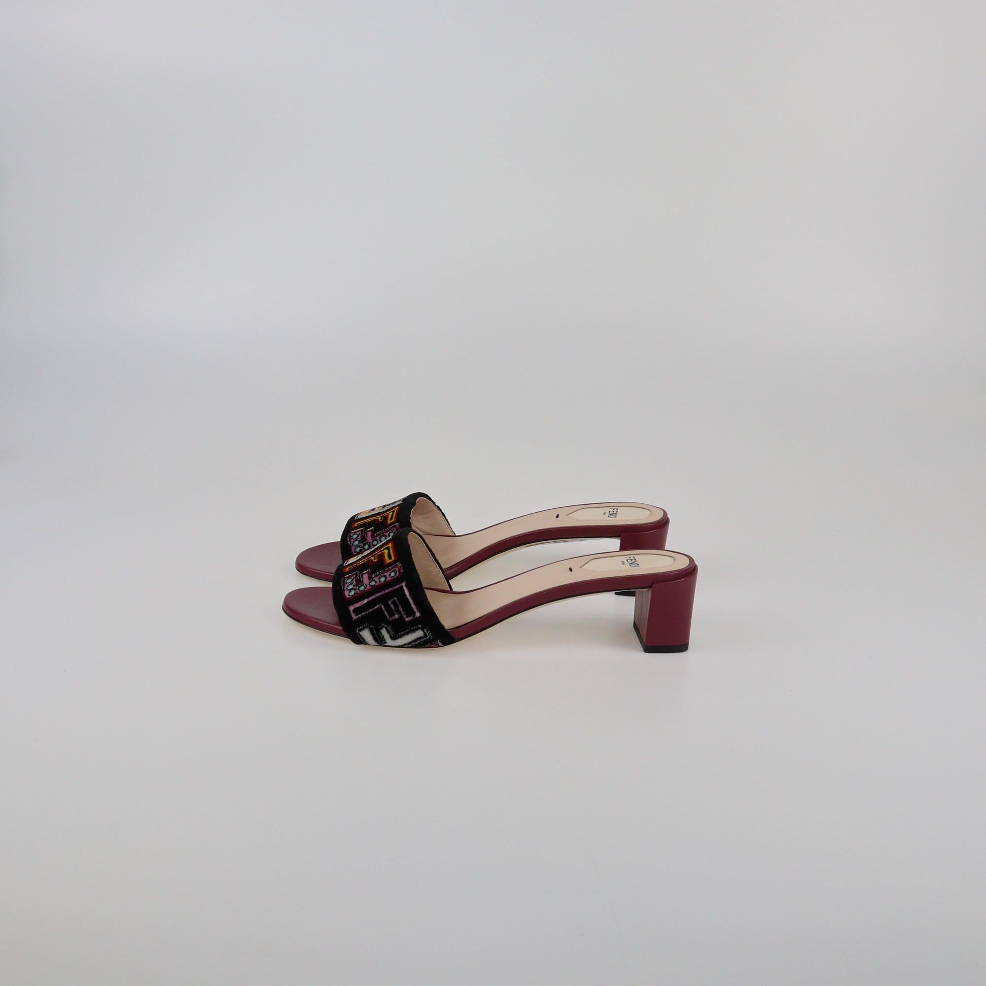 Fendi Burgundy/Multicolor FF Slide Sandals Womens Fendi