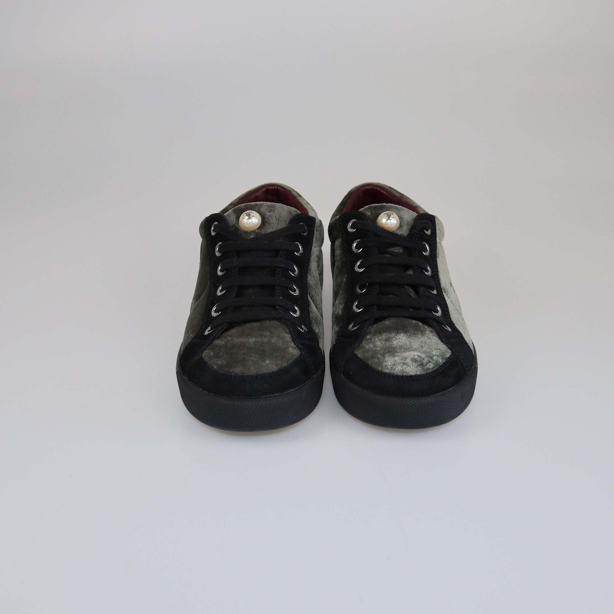 Chanel Black/Fatigue Green CC Pearl Lace Up Sneakers Womens Chanel
