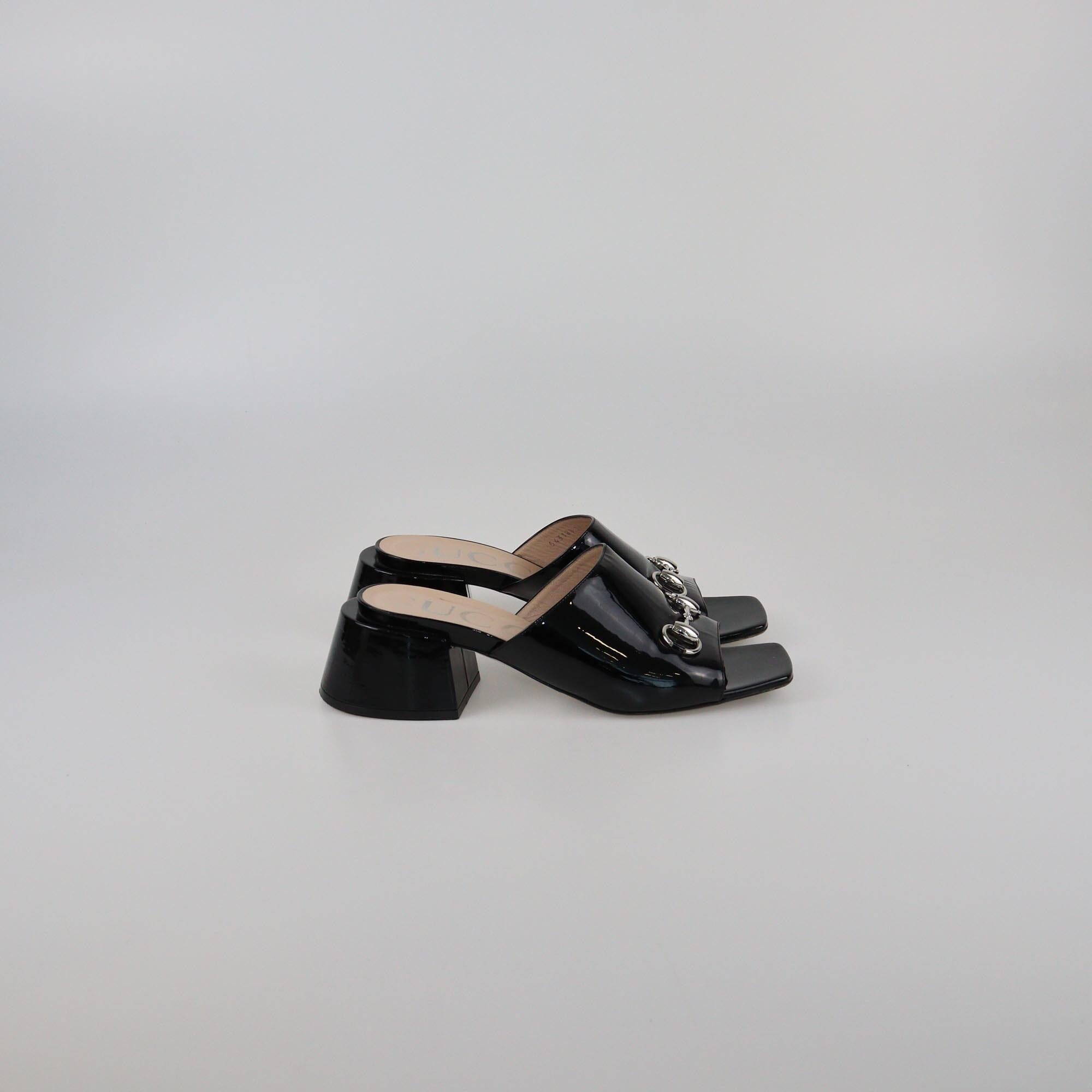 Gucci Black Lexi Horsebit Mid Heel Slide Sandals Womens Gucci