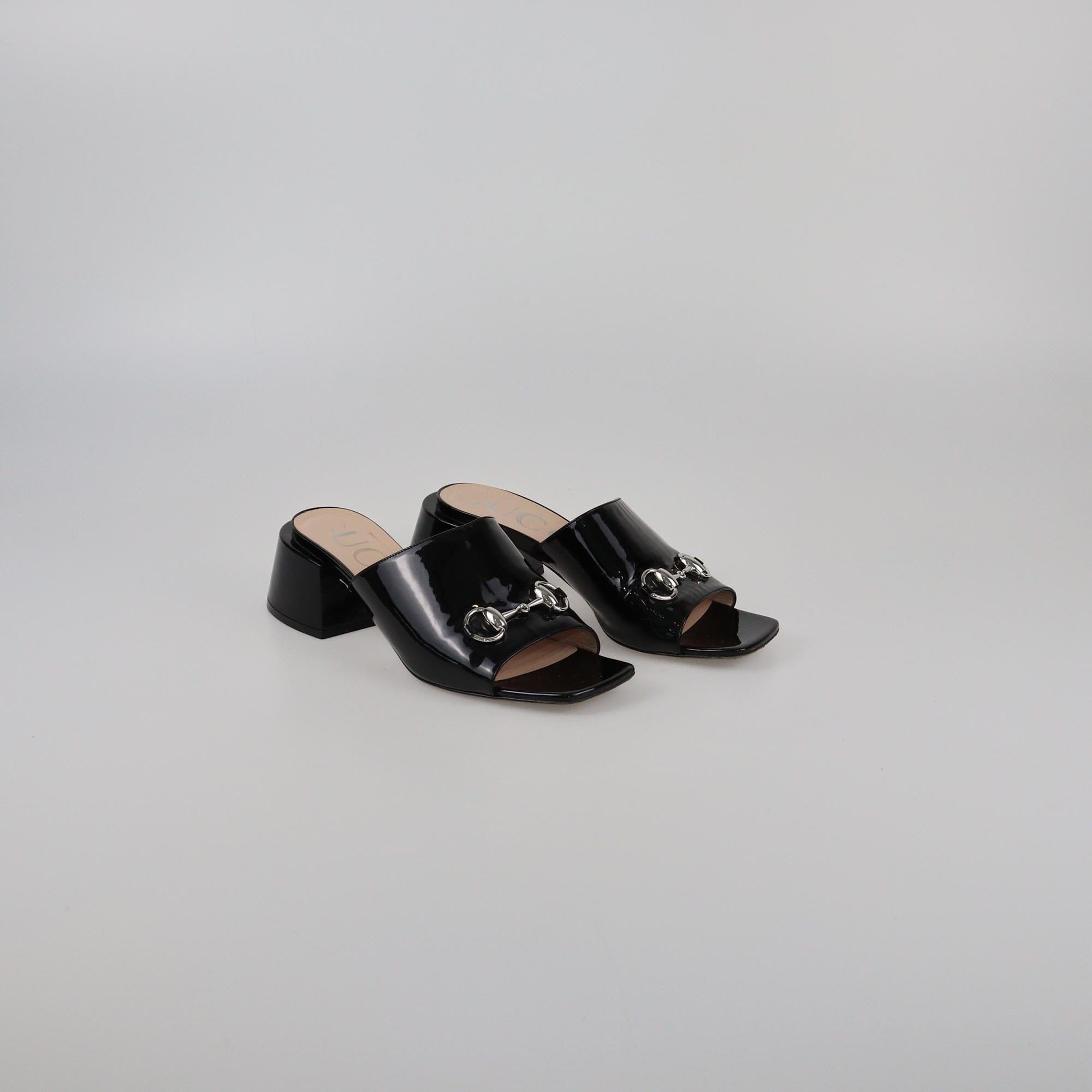 Gucci Black Lexi Horsebit Mid Heel Slide Sandals Womens Gucci